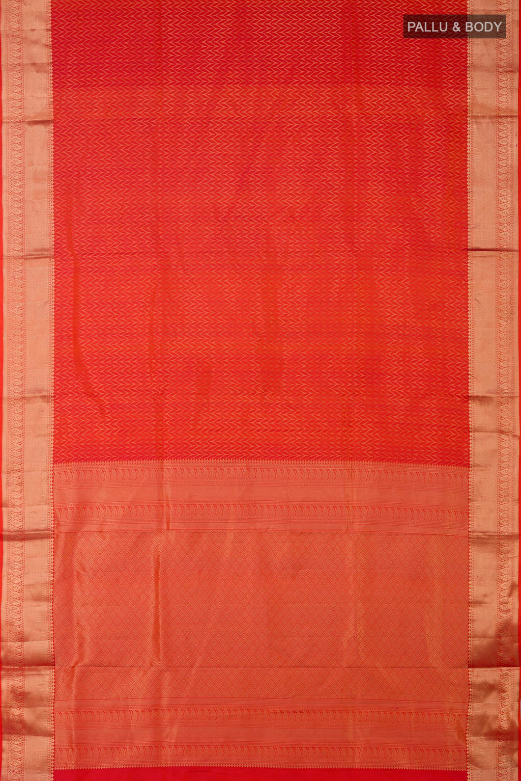Flat view of Orange Soft Silk Saree with Zari Brocade on the body and Zari Border. 
