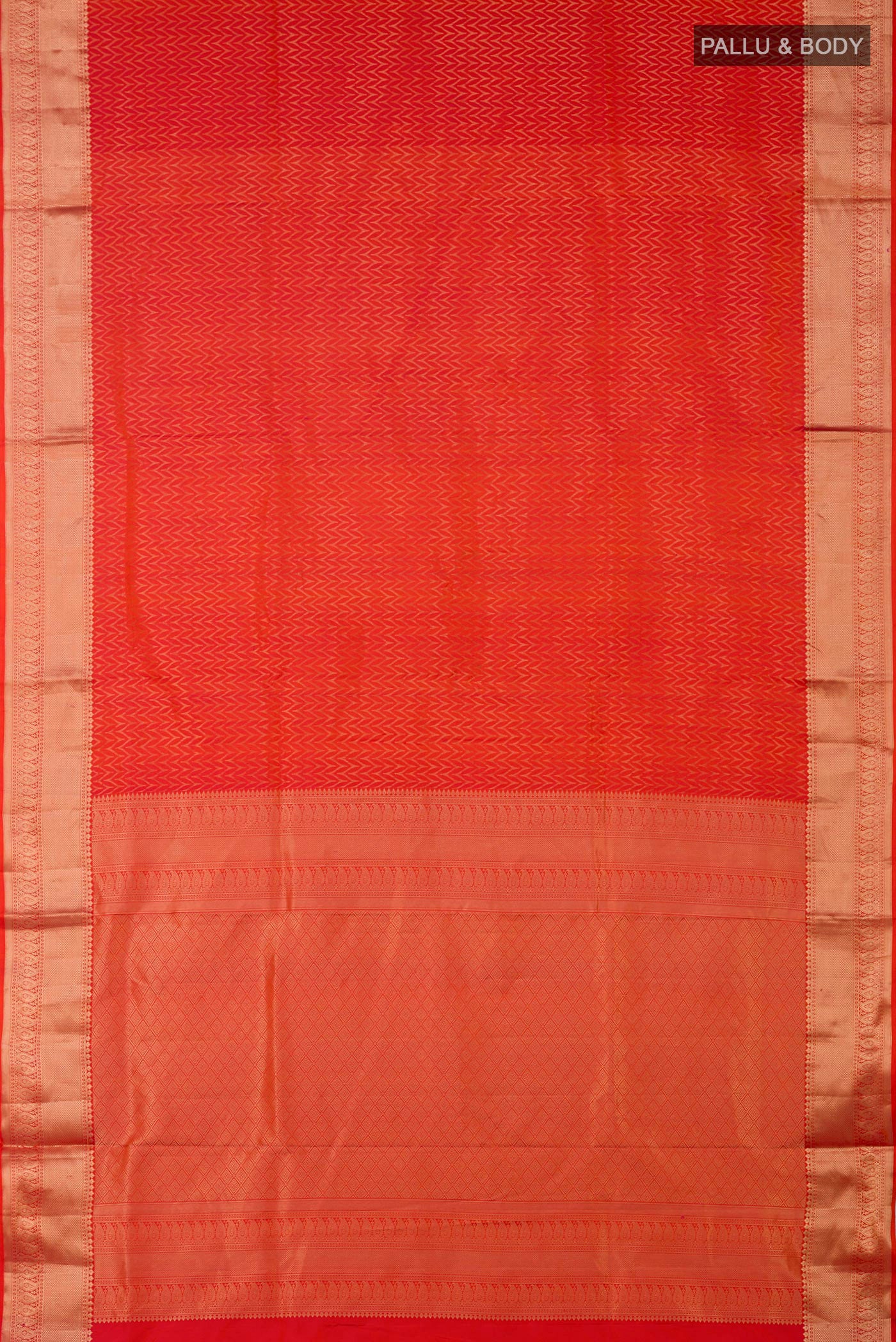 Flat view of Orange Soft Silk Saree with Zari Brocade on the body and Zari Border. 