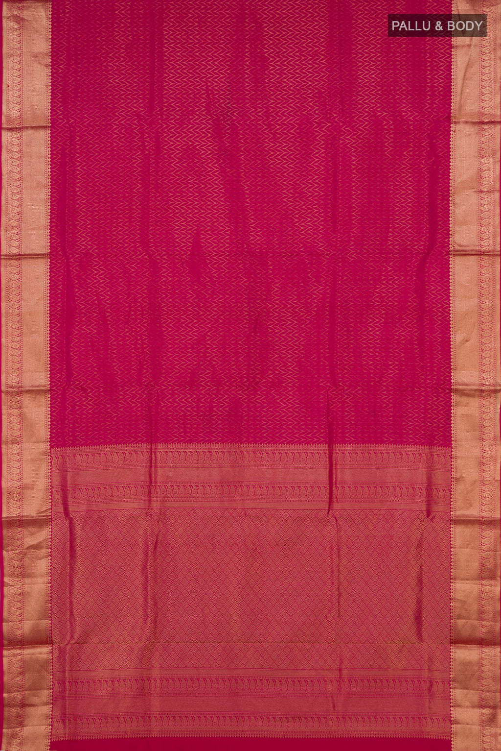 Flat view of Pure Silk Pink Soft Saree with Zari Brocade on the body and Zari Border. 