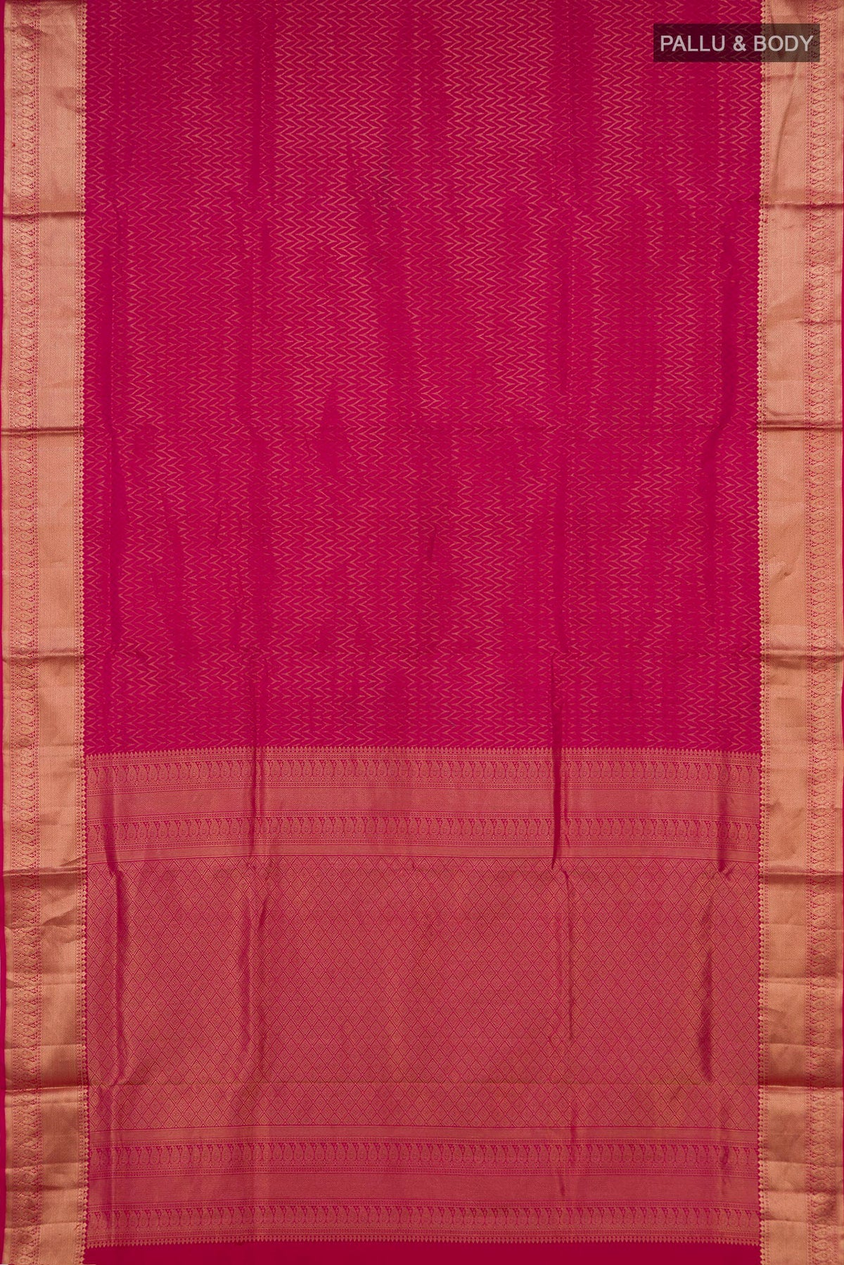 Flat view of Pure Silk Pink Soft Saree with Zari Brocade on the body and Zari Border. 