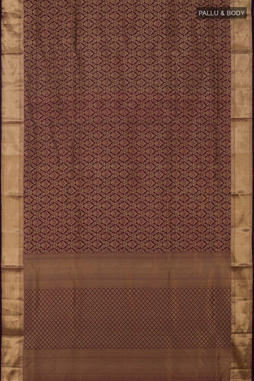 Flat view of Purple Soft Silk Saree with Zari Brocade on the body and Zari Border. 