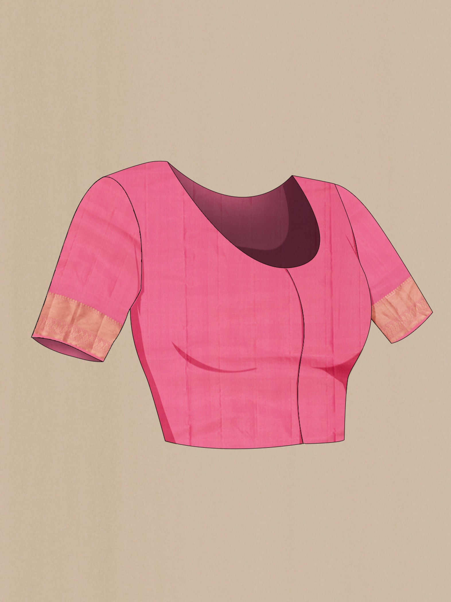 Close up image of the blouse of Rose pink Soft Silk Saree with Zari Brocade on the body and Zari Border. 