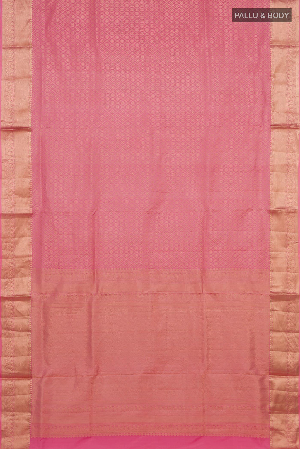 Flat view of Rose pink Soft Silk Saree with Zari Brocade on the body and Zari Border. 