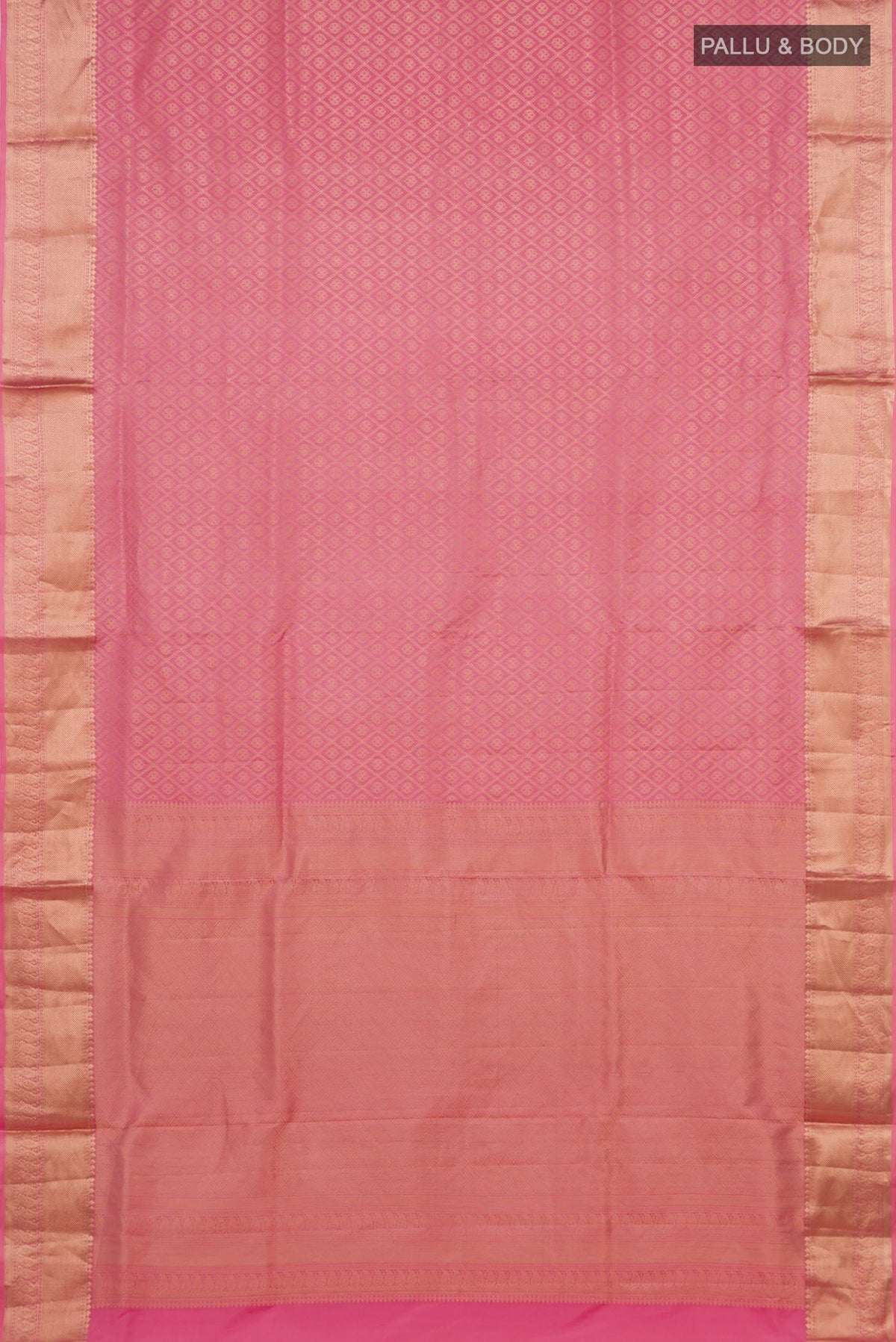 Flat view of Rose pink Soft Silk Saree with Zari Brocade on the body and Zari Border. 