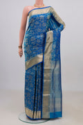 Pure Silk Blue Soft Saree with Zari Brocade on the body and Zari Border.  displayed on a mannequin