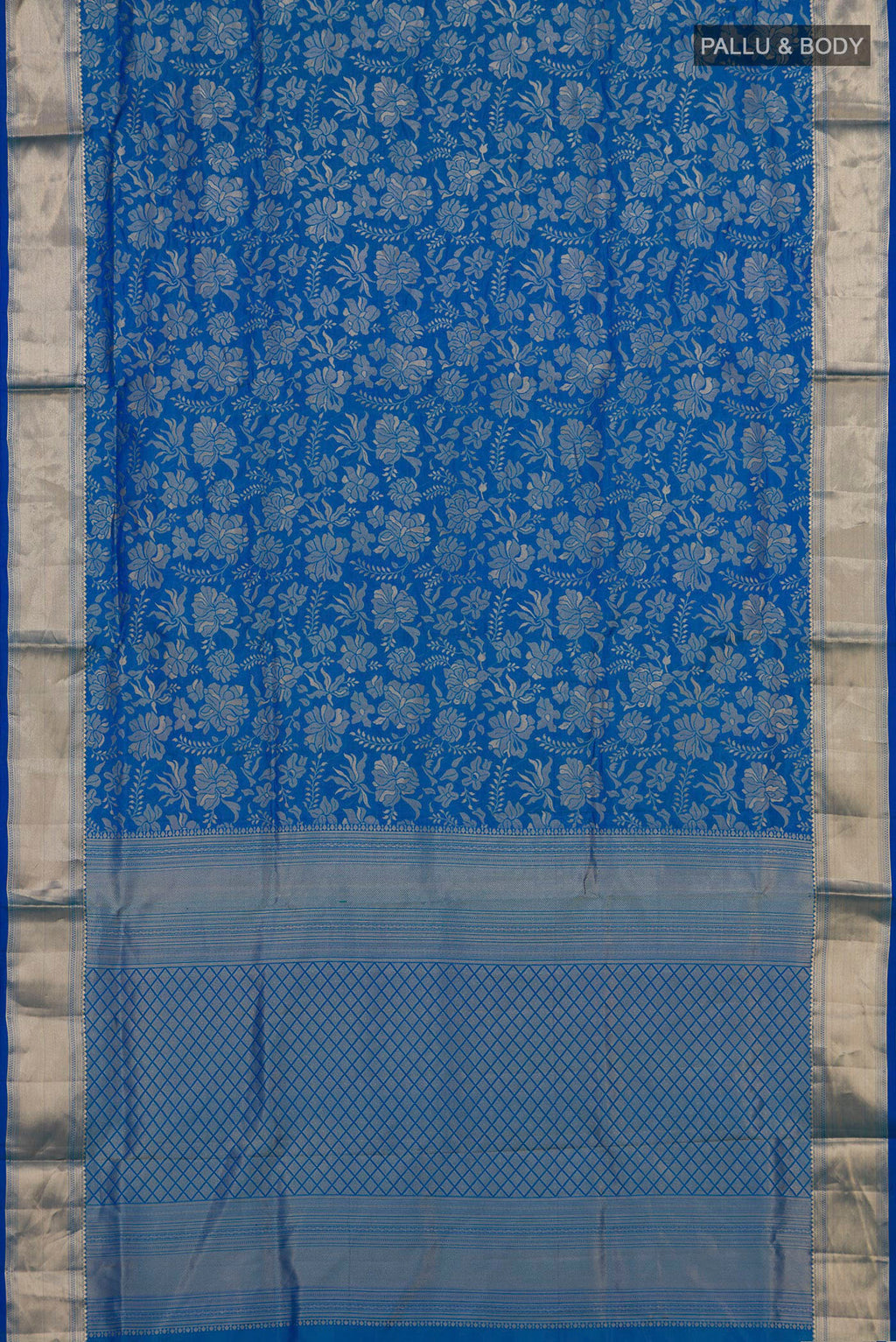 Flat view of Pure Silk Blue Soft Saree with Zari Brocade on the body and Zari Border. 