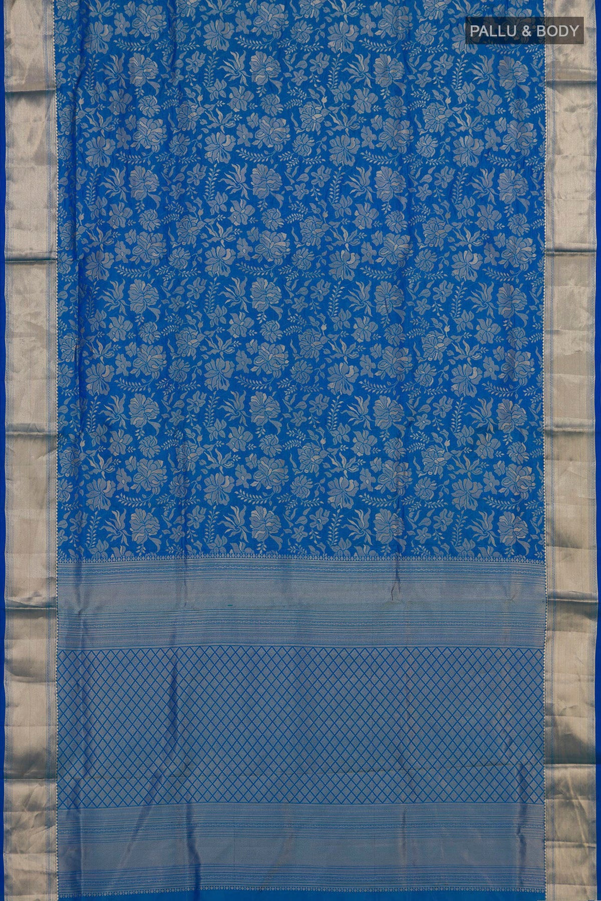 Flat view of Pure Silk Blue Soft Saree with Zari Brocade on the body and Zari Border. 