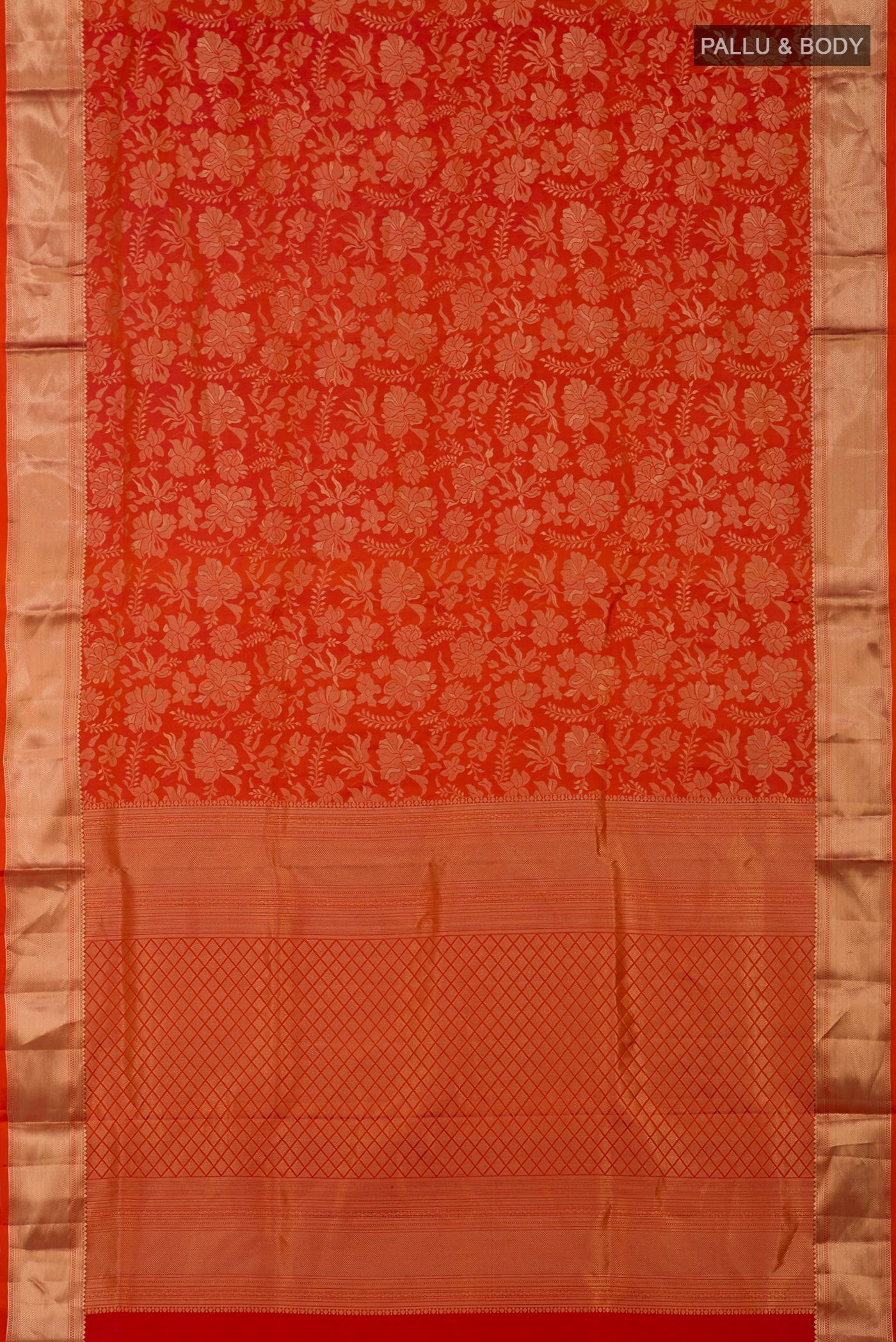 Flat view of Orange Soft Silk Saree with Zari Brocade on the body and Zari Border. 