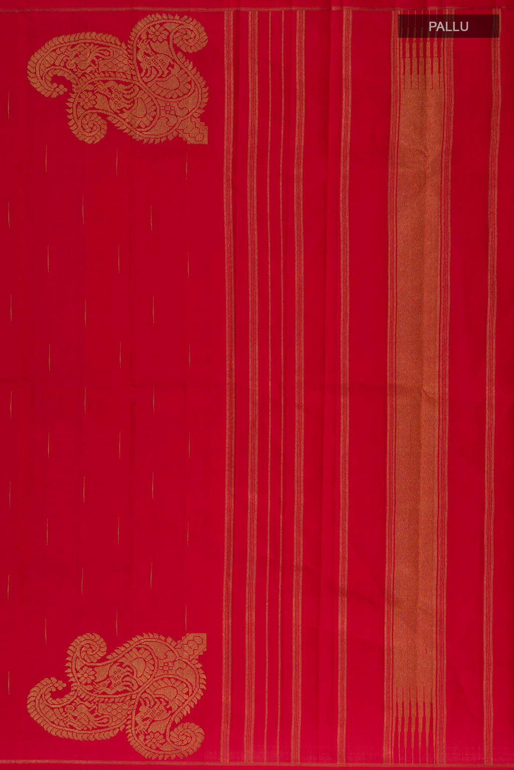 Close up image of the pallu of Pure Silk Pure Zari Red Kanjivaram Saree with Zari Butta on the body and Thin Zari Line. 