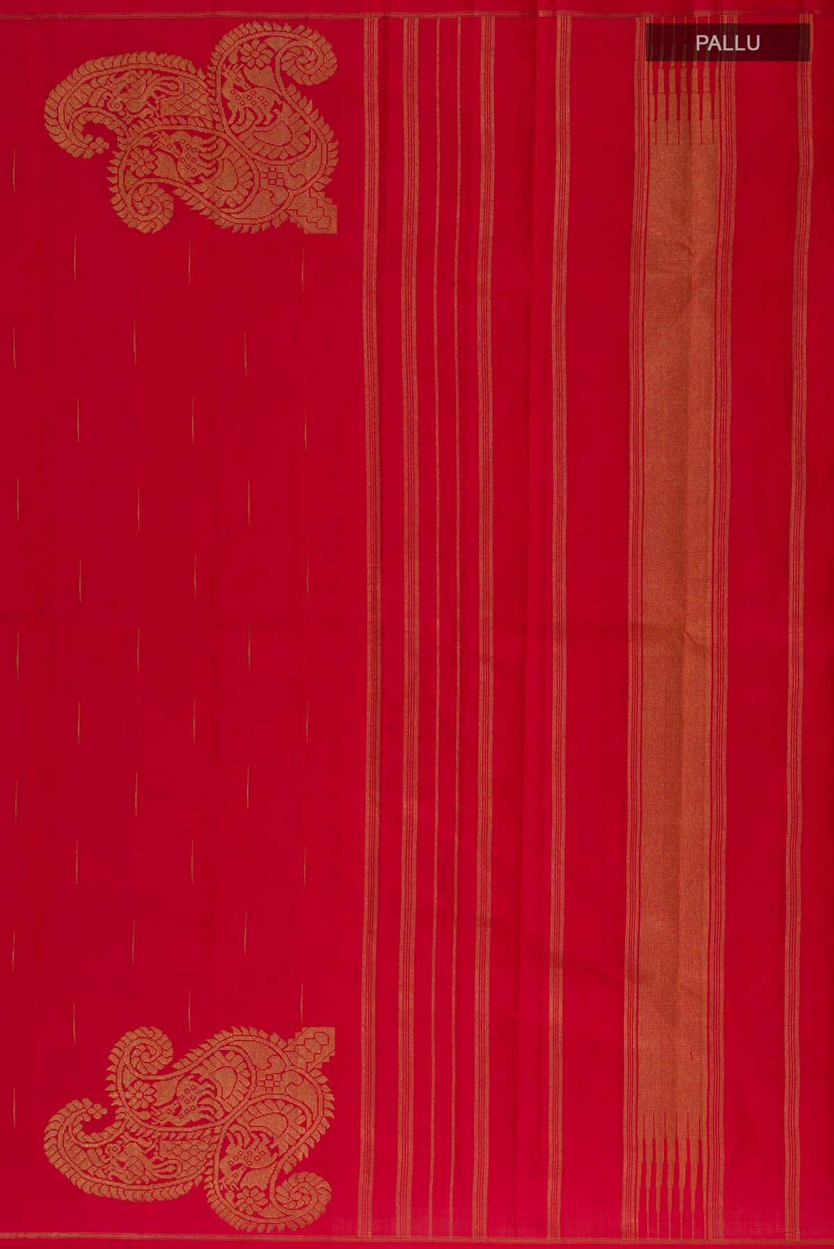 Close up image of the pallu of Pure Silk Pure Zari Red Kanjivaram Saree with Zari Butta on the body and Thin Zari Line. 
