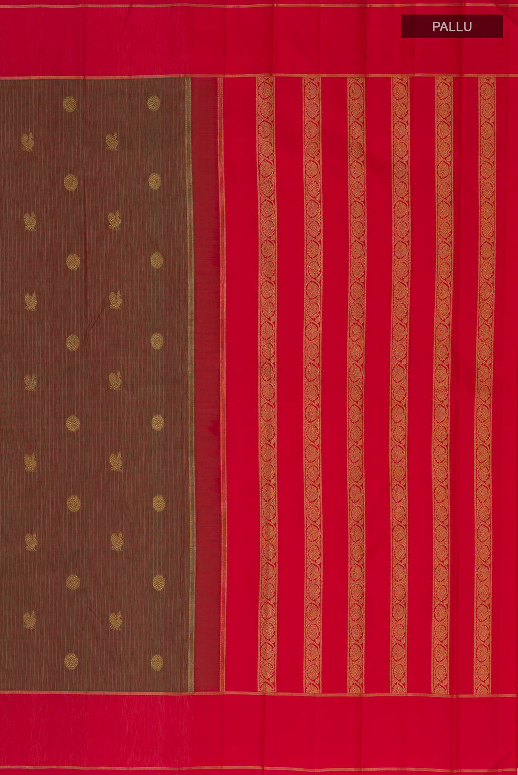 Close up image of the pallu of Pure Silk Green Dual Tone Kanjivaram Saree with Stripes on the body and Plain Border. 