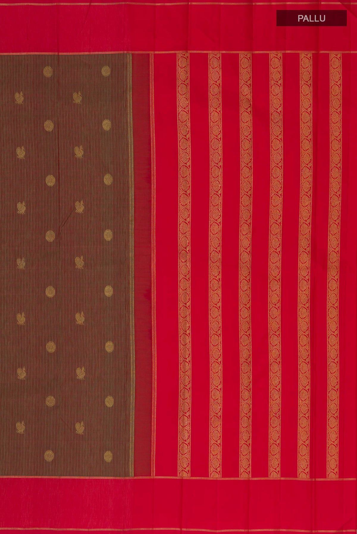 Close up image of the pallu of Pure Silk Green Dual Tone Kanjivaram Saree with Stripes on the body and Plain Border. 