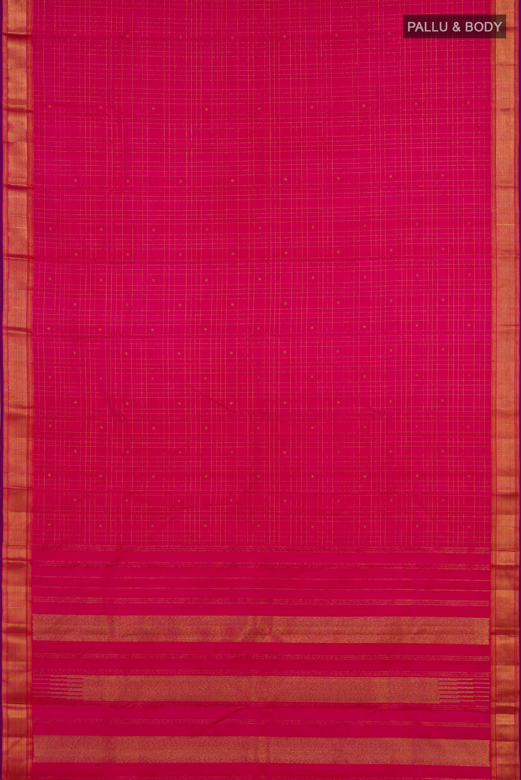 Flat view of Pure Silk Pure Zari Pink Kanchipuram Saree with Checked design on the body and Zari Border. 