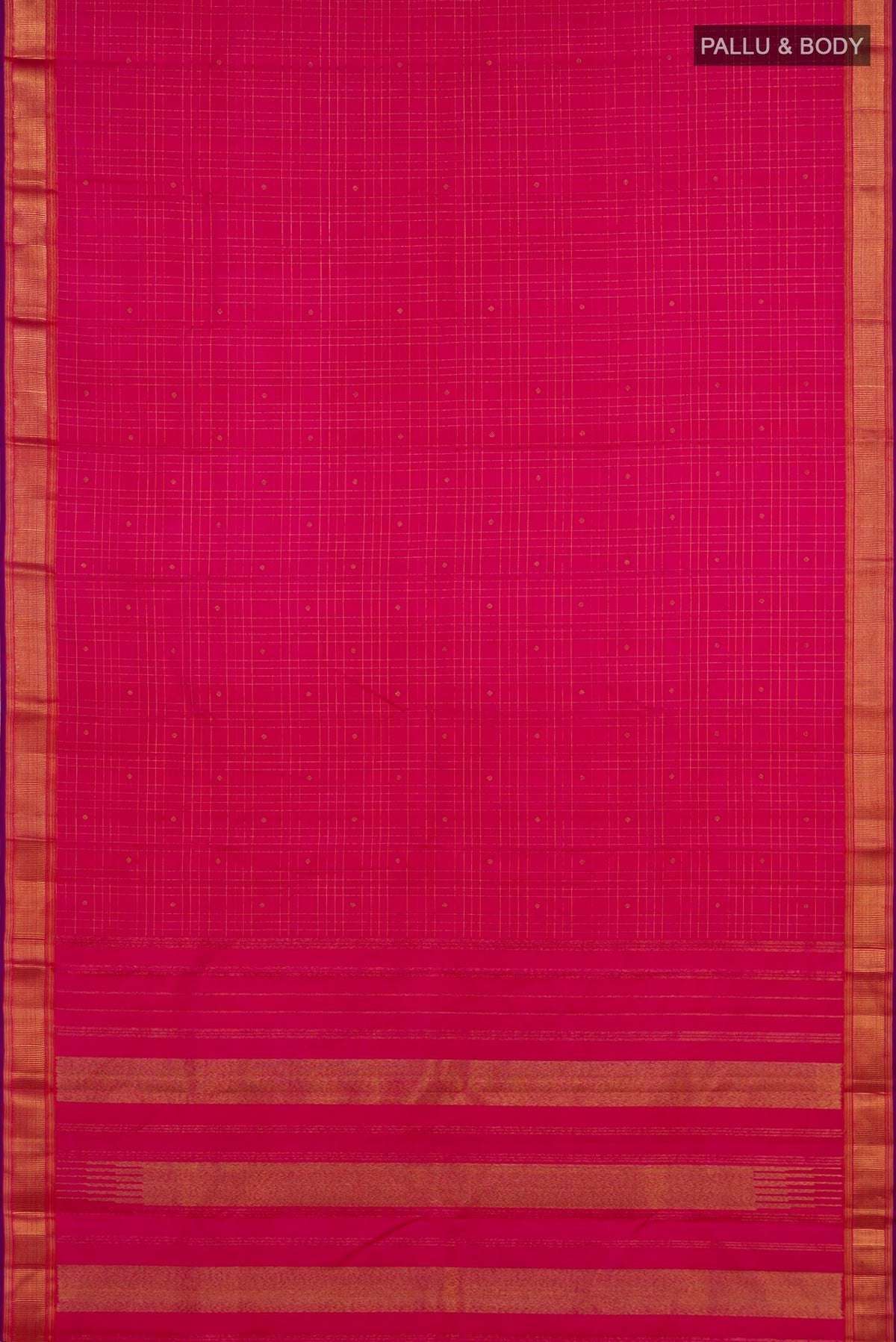 Flat view of Pure Silk Pure Zari Pink Kanchipuram Saree with Checked design on the body and Zari Border. 