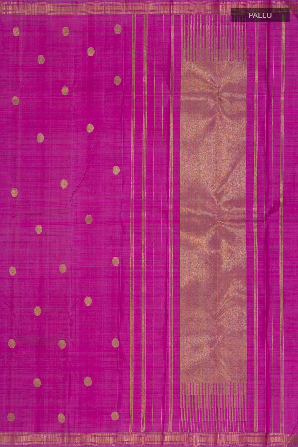 Close up image of the pallu of Pure Silk Pure Zari Magenta Kanchipuram Saree with Zari Butta on the body and Zari Border. 