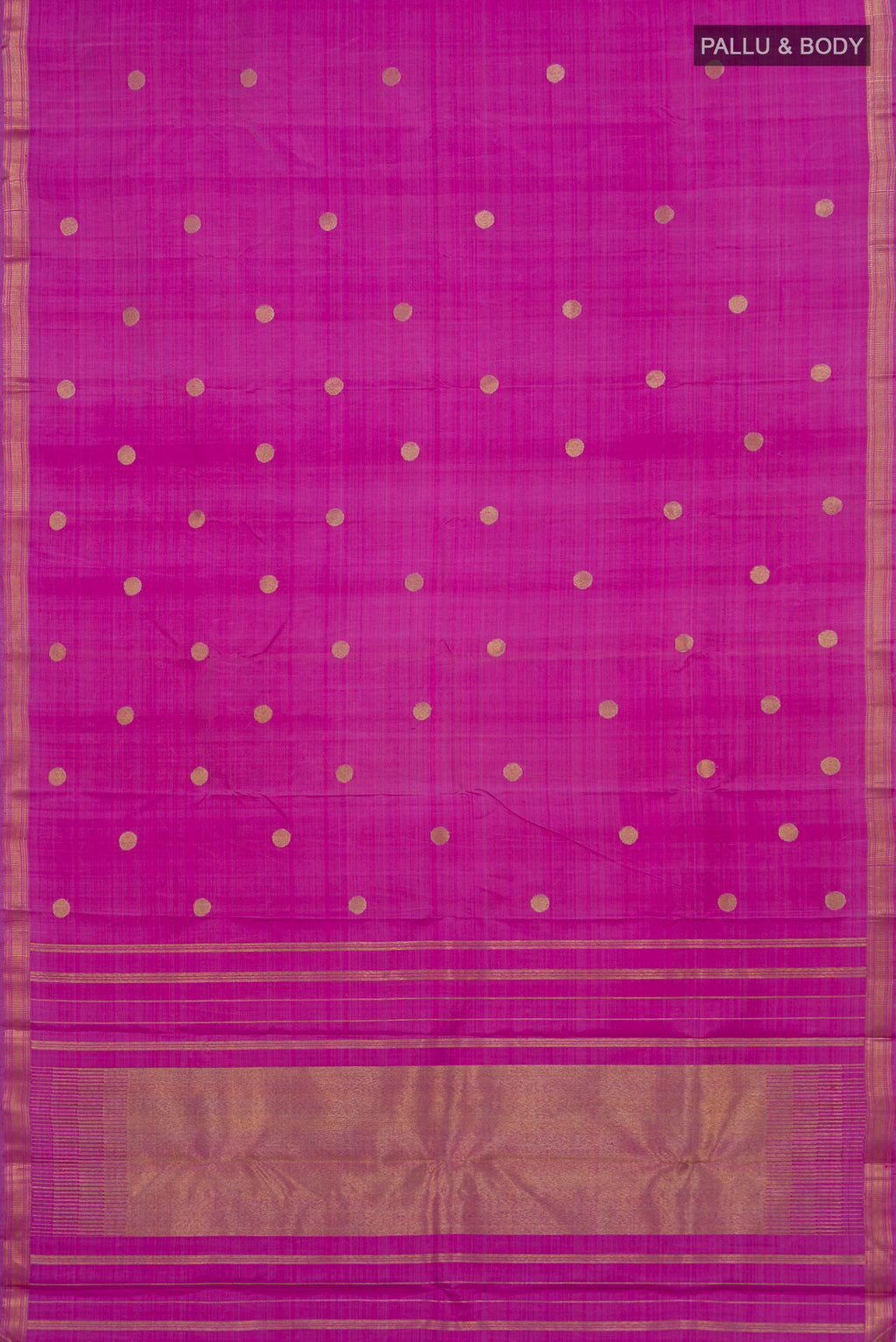 Flat view of Pure Silk Pure Zari Magenta Kanchipuram Saree with Zari Butta on the body and Zari Border. 