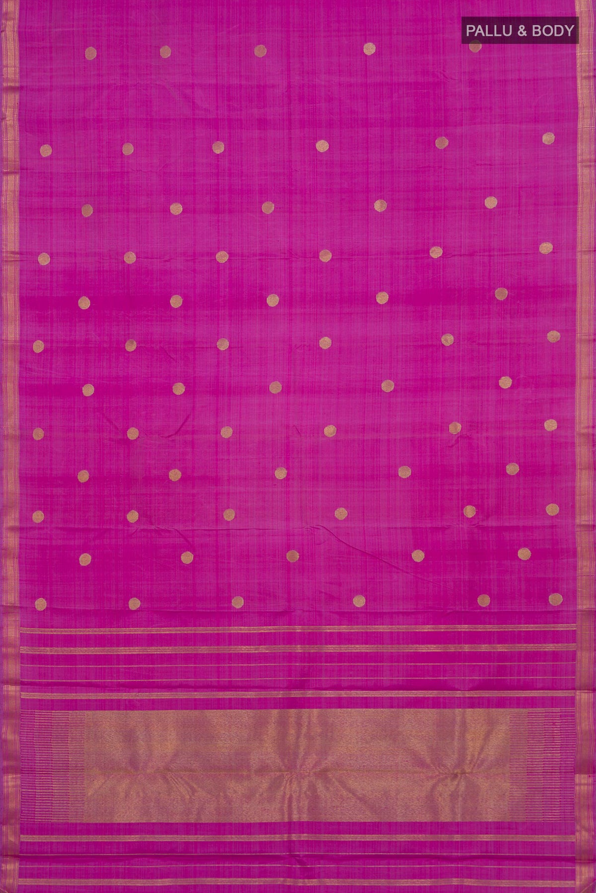 Flat view of Pure Silk Pure Zari Magenta Kanchipuram Saree with Zari Butta on the body and Zari Border. 