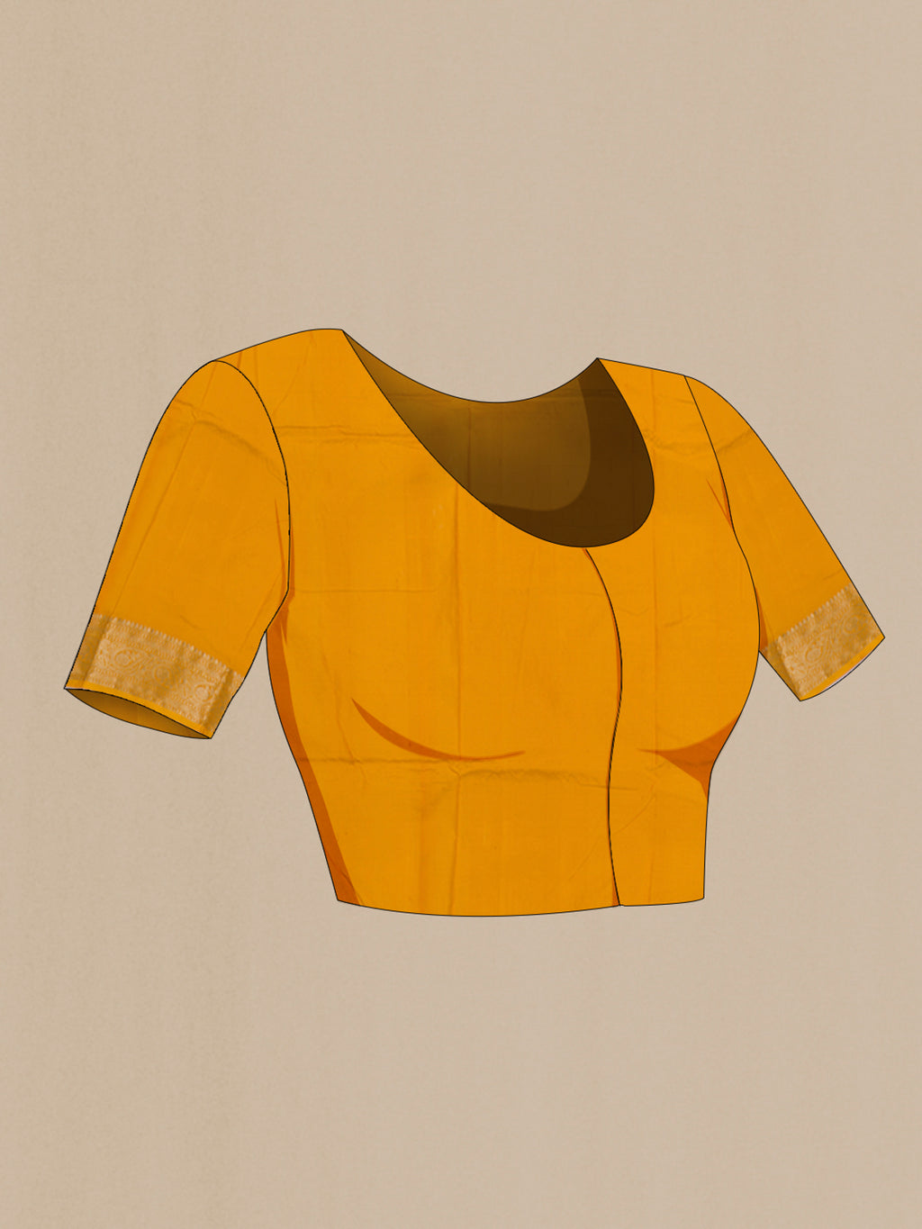 Close up image of the blouse of Yellow Banarasi Katan Silk Saree with Zari Butta on the body and Zari Border. 