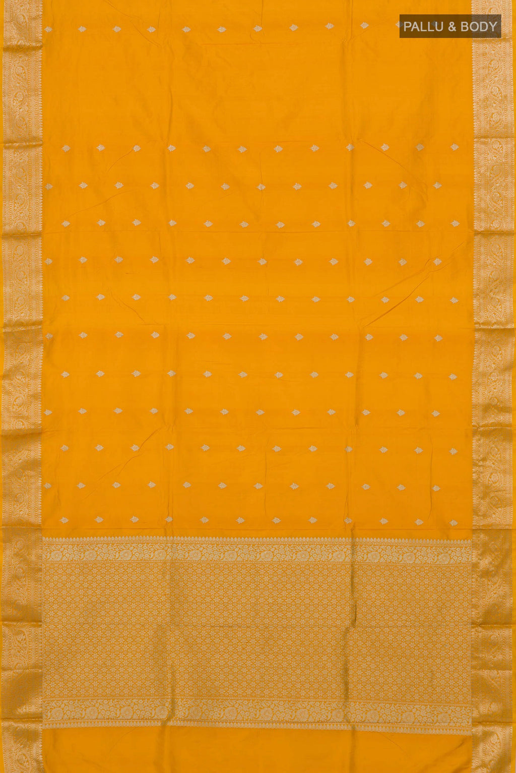 Flat view of Yellow Banarasi Katan Silk Saree with Zari Butta on the body and Zari Border. 