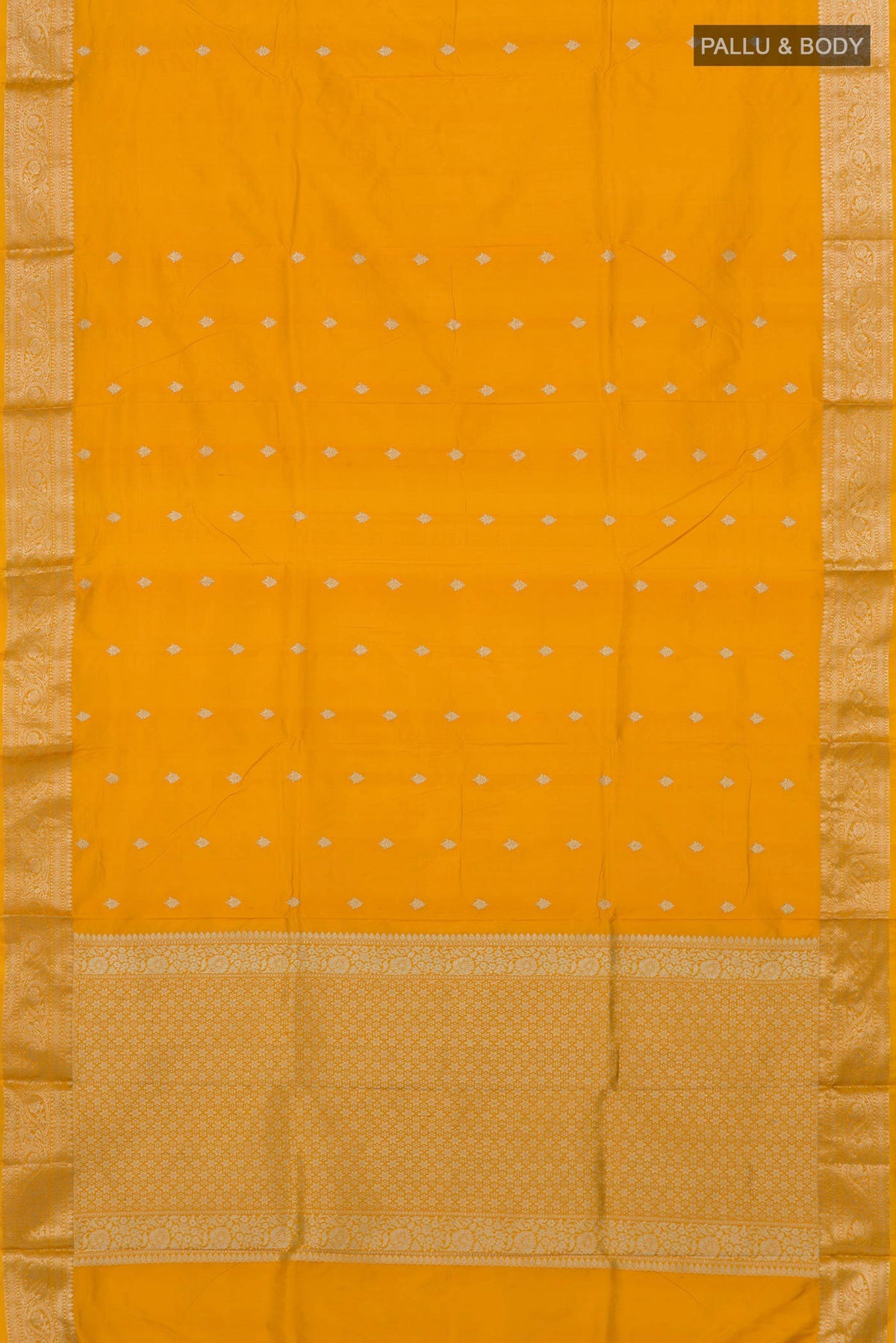 Flat view of Yellow Banarasi Katan Silk Saree with Zari Butta on the body and Zari Border. 