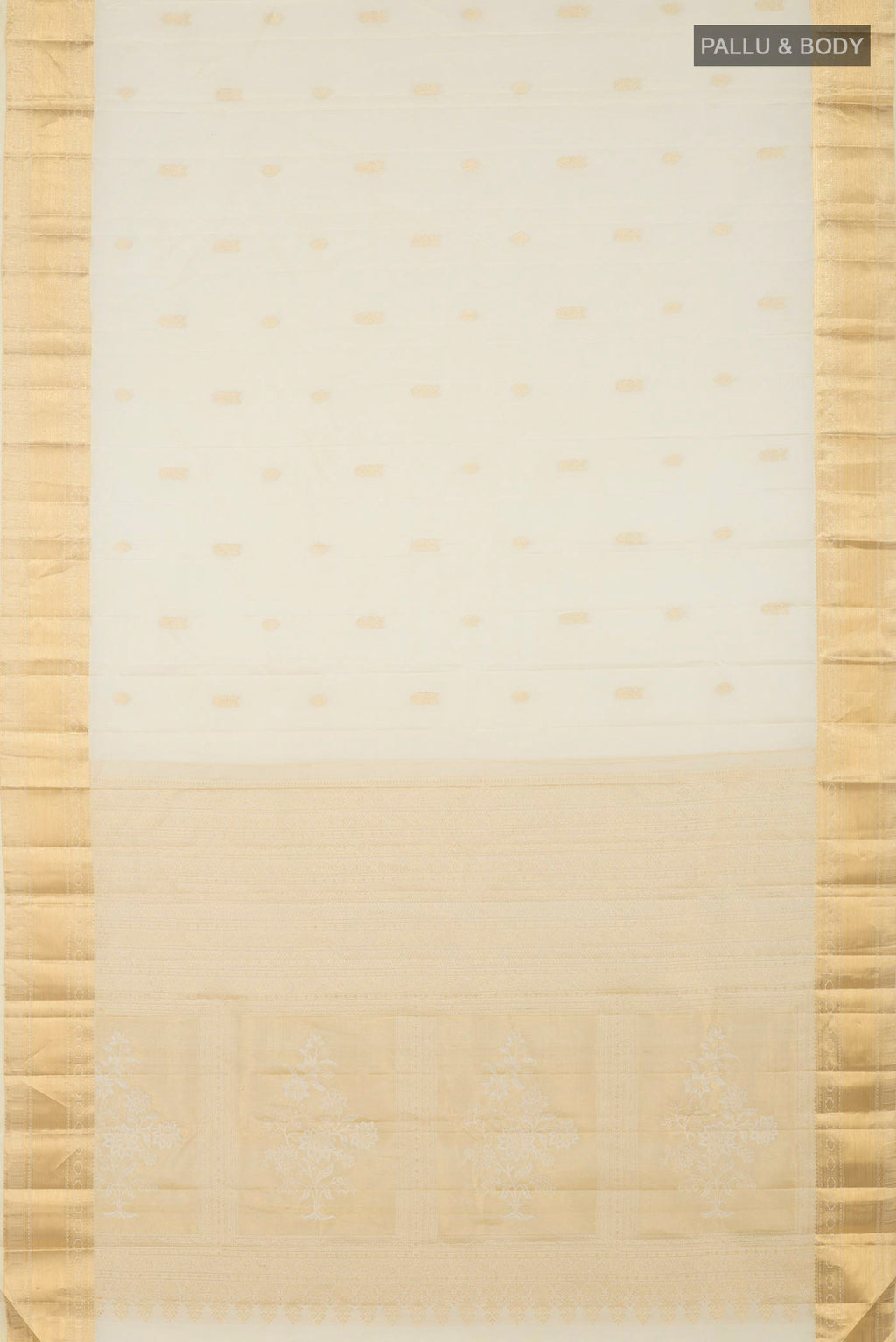 Flat view of Cream Kanchipuram Silk Saree with Zari Butta on the body and Zari Border. 