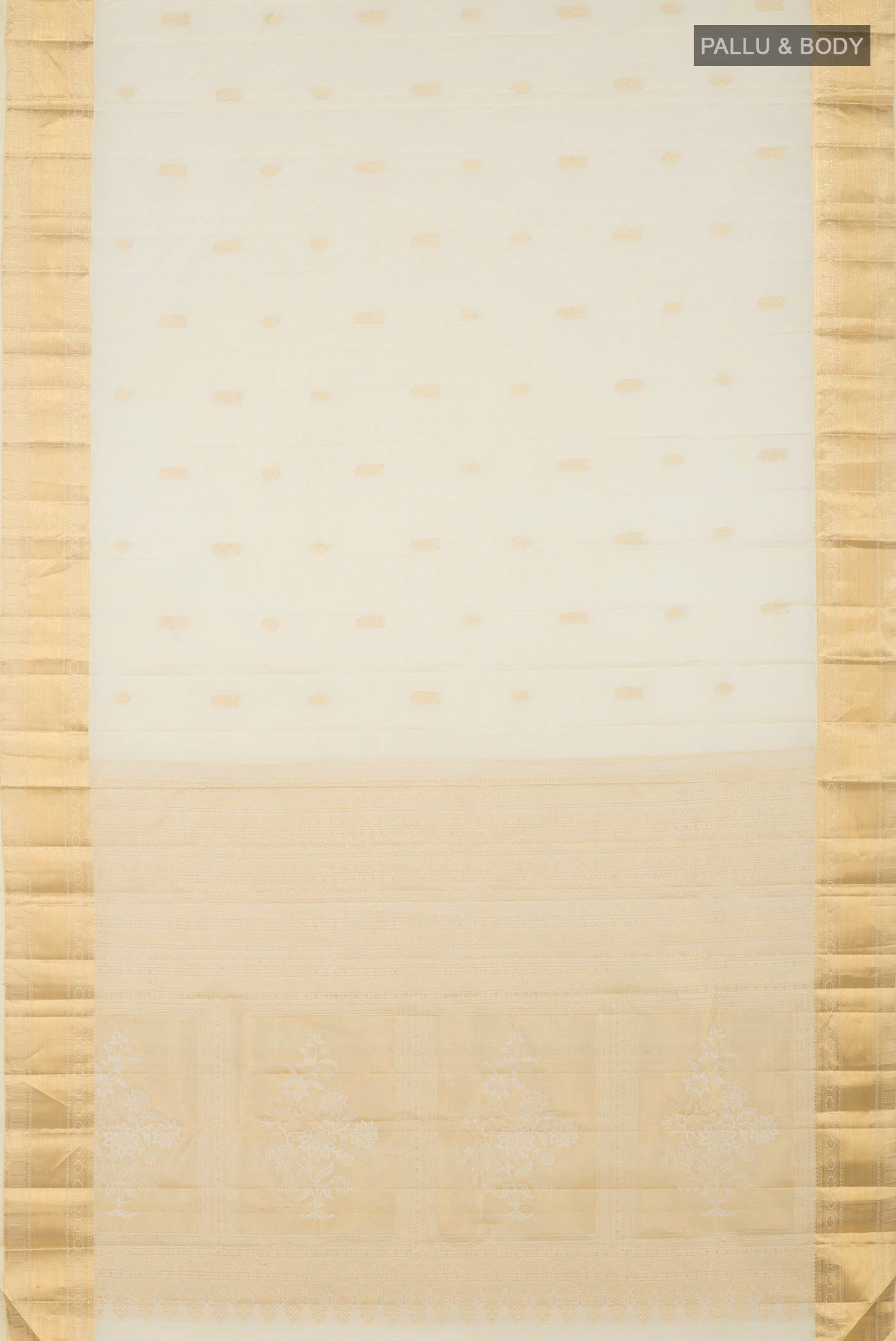 Flat view of Cream Kanchipuram Silk Saree with Zari Butta on the body and Zari Border. 