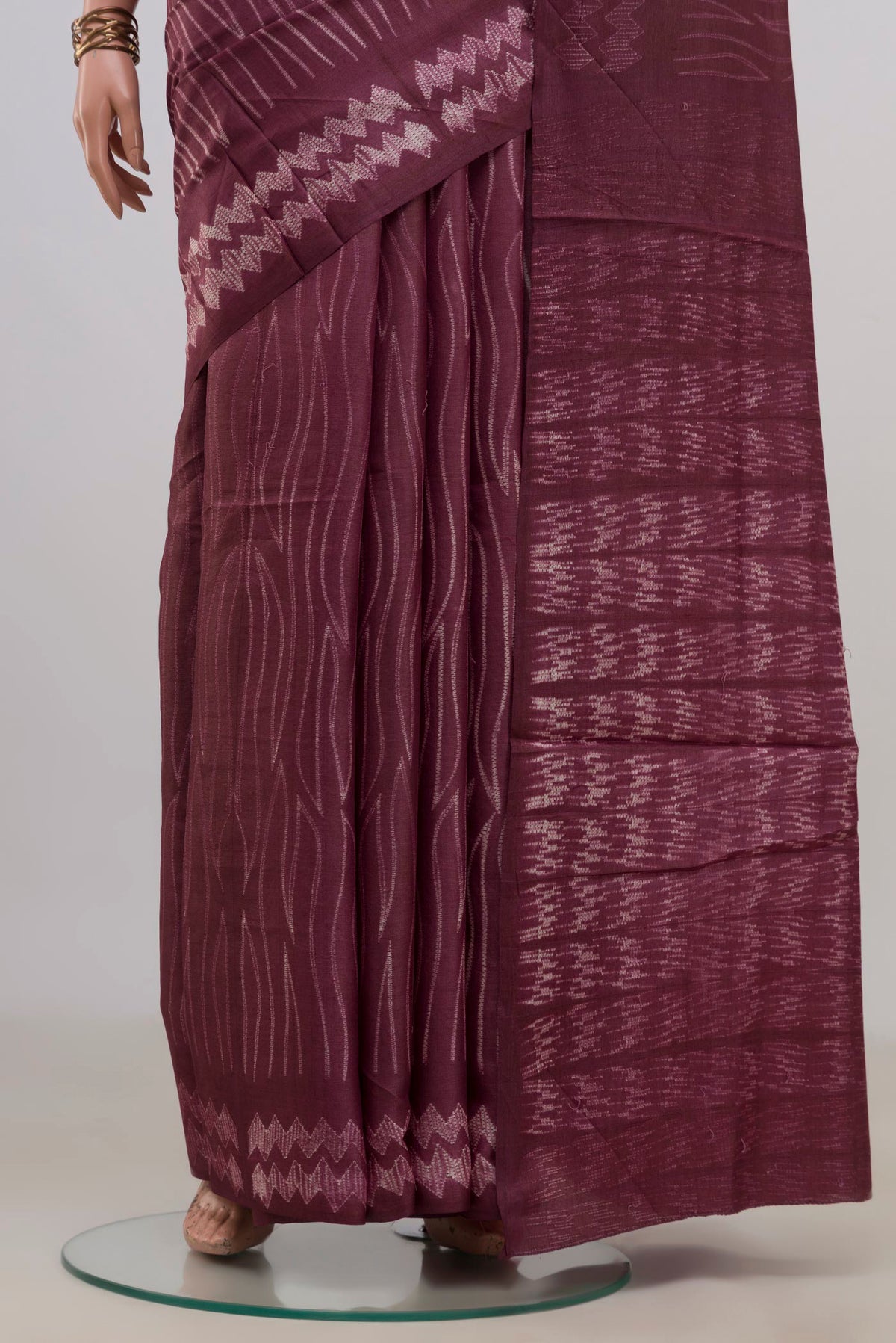 Pleats and pallu of Pure Silk Purple Tussar Saree with Fancy on the body and Without Border. 