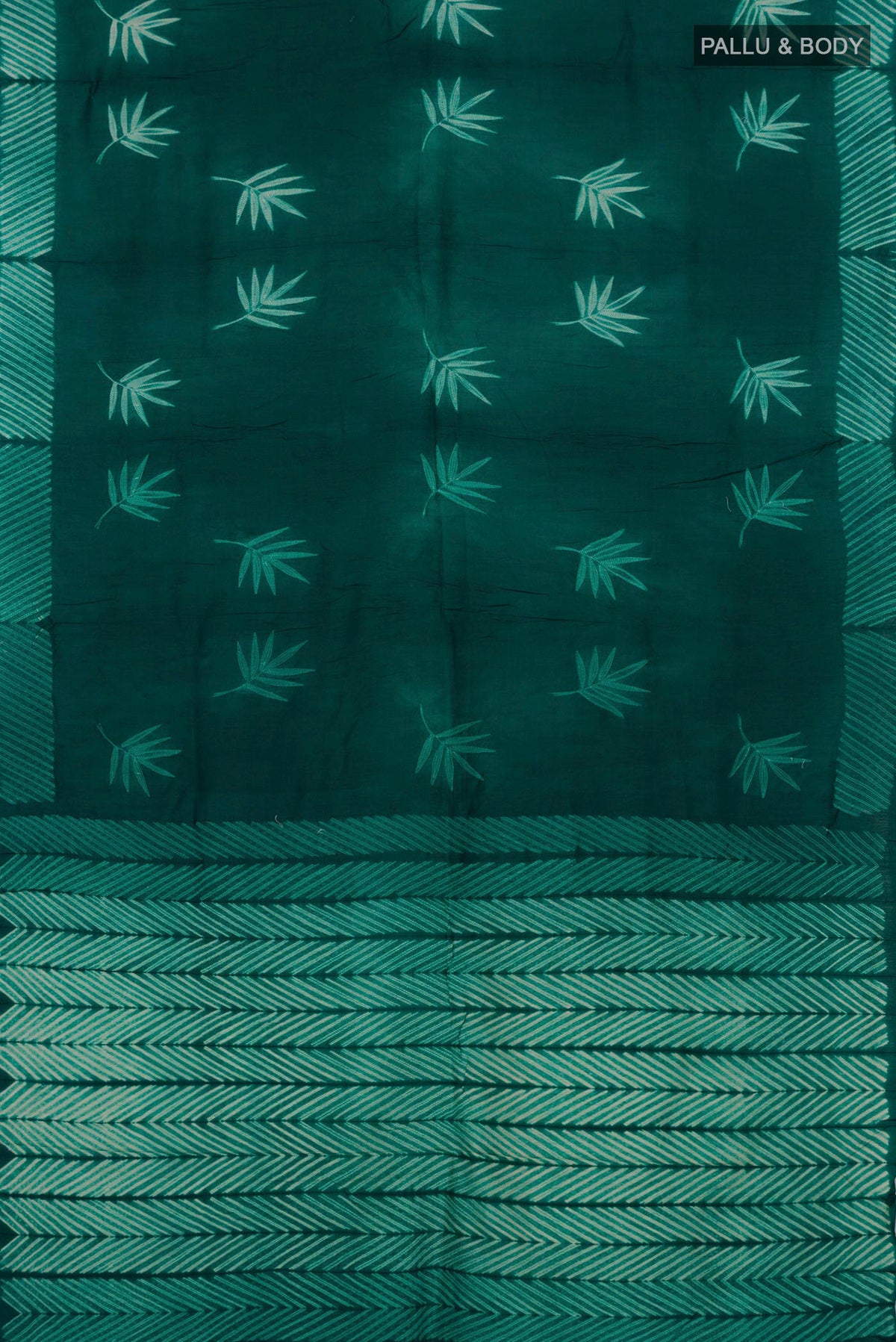 Flat view of Pure Silk Green Tussar Saree with Fancy on the body and Without Border. 