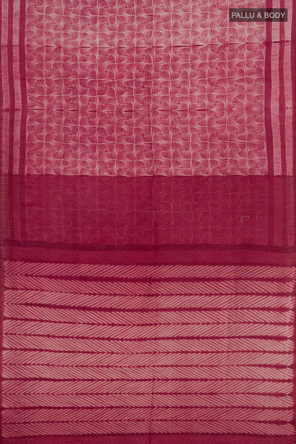 Flat view of Pure Silk Maroon Tussar Saree with Fancy on the body and Without Border. 