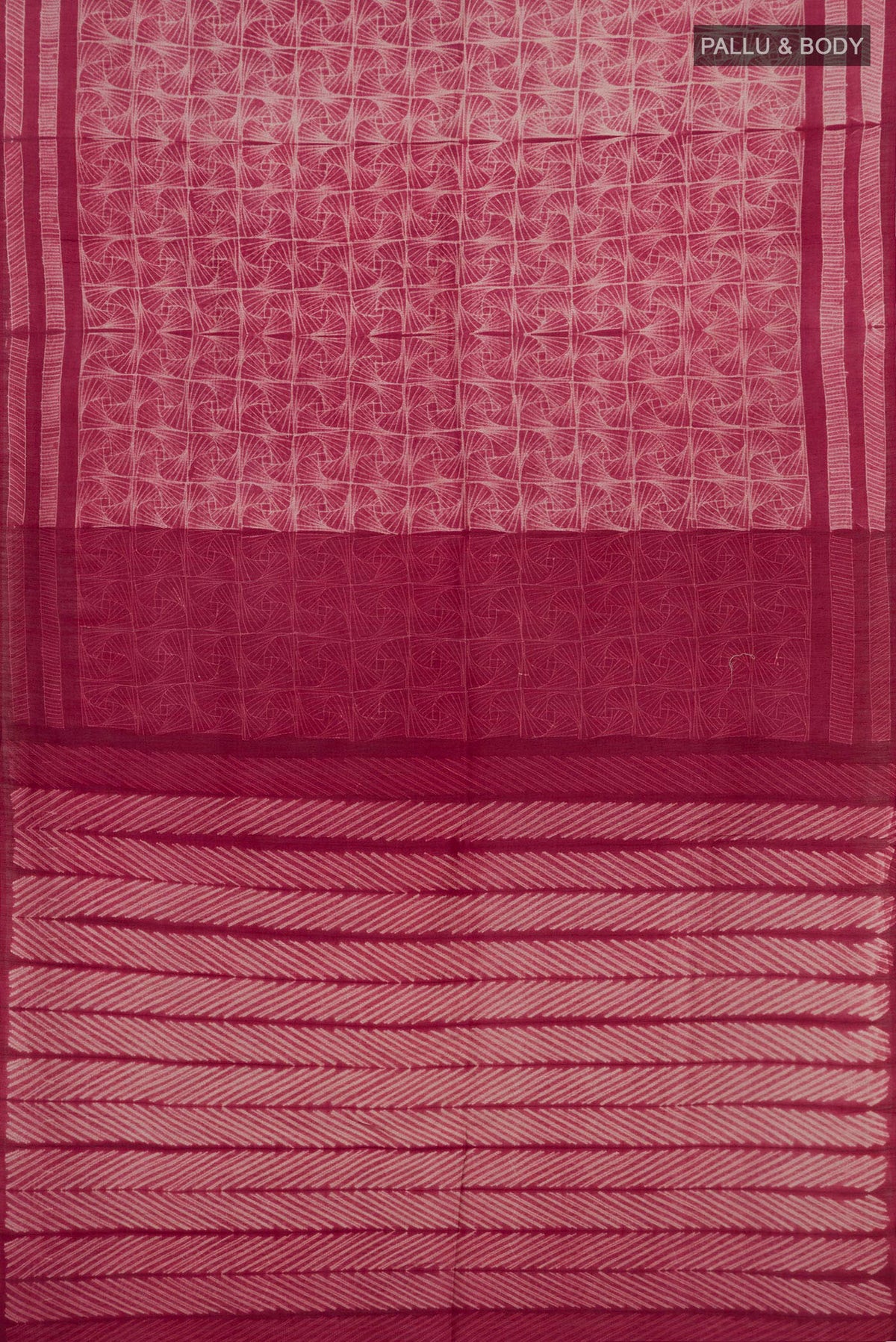Flat view of Pure Silk Maroon Tussar Saree with Fancy on the body and Without Border. 