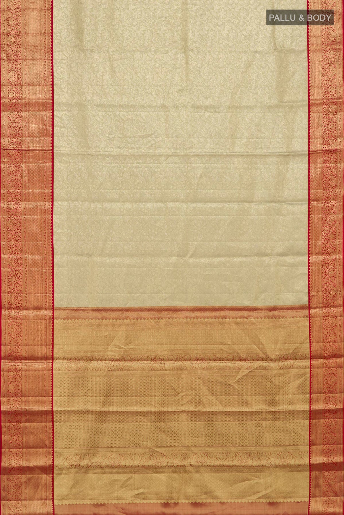 Flat view of Cream Kanjivaram Tissue Silk Saree with Zari Brocade on the body and Zari Border. 