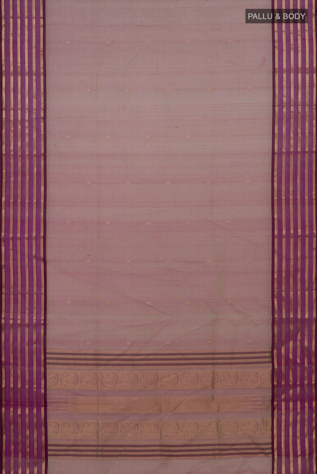 Flat view of Green Dual Tone Silk Cotton Saree with Zari Butta on the body and Zari Border. 