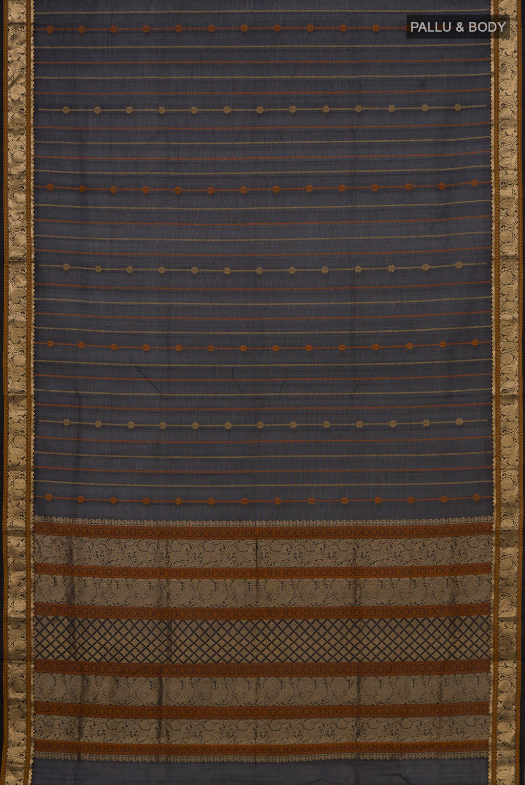 Flat view of Black Silk Cotton Saree with Stripes on the body and Zari Border. 