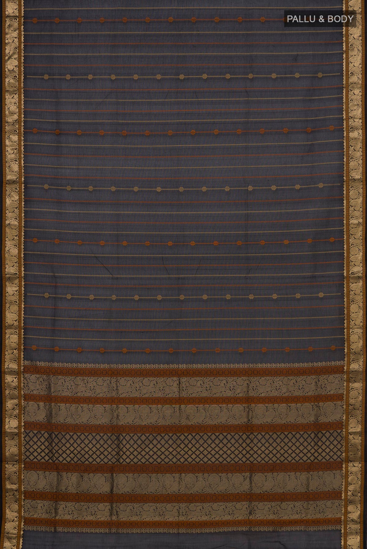 Flat view of Black Silk Cotton Saree with Stripes on the body and Zari Border. 