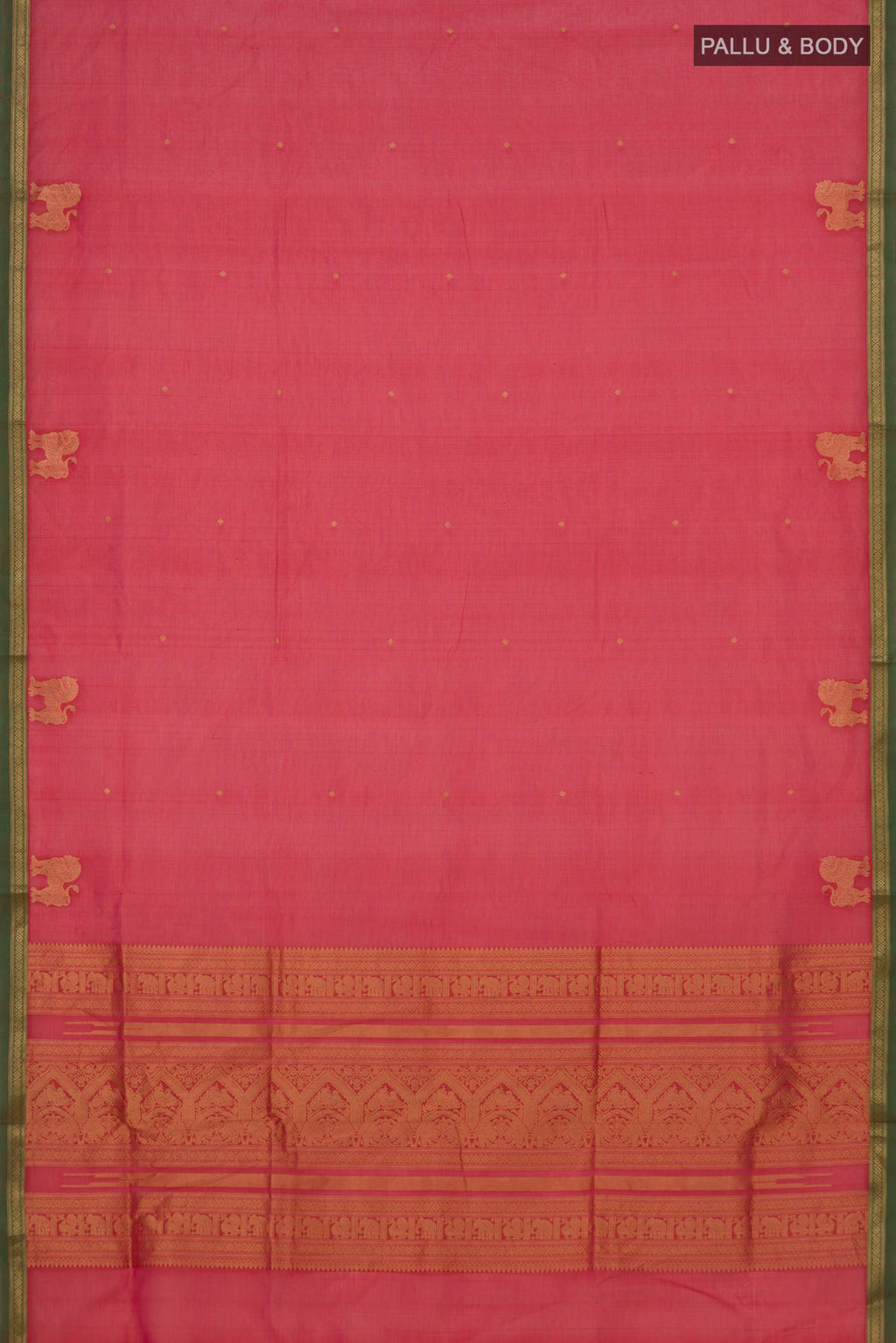 Flat view of Orange Silk Cotton Saree with Zari Butta on the body and Zari Border. 