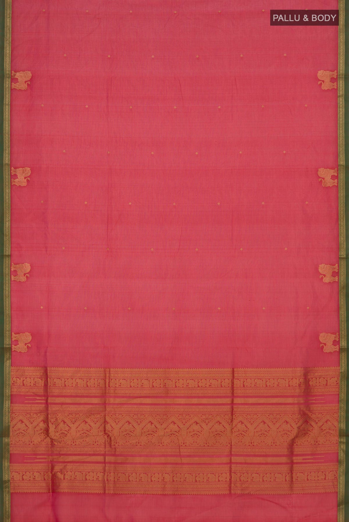 Flat view of Orange Silk Cotton Saree with Zari Butta on the body and Zari Border. 