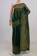 Pure Silk Pure Zari Bottle Green Kanjivaram Saree with Stripes on the body and Zari Border.  displayed on a mannequin