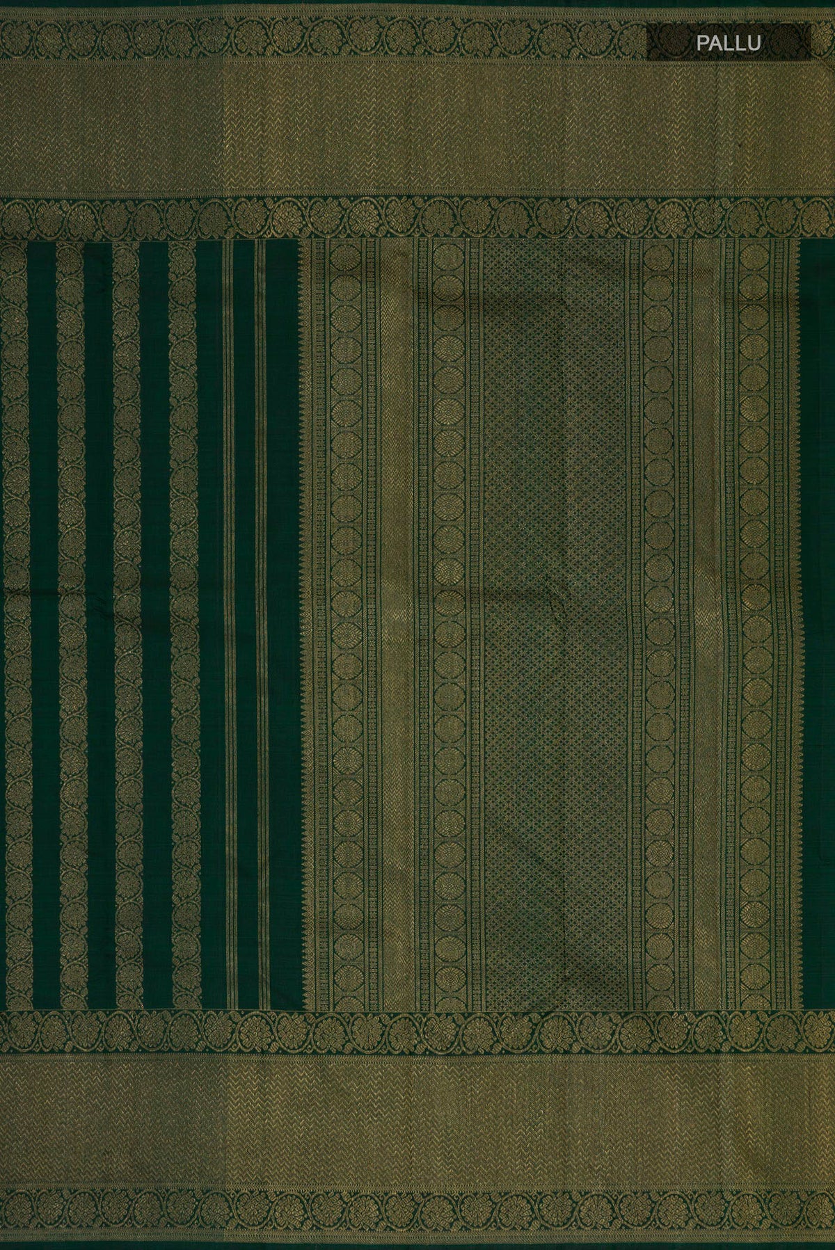 Close up image of the pallu of Pure Silk Pure Zari Bottle Green Kanjivaram Saree with Stripes on the body and Zari Border. 