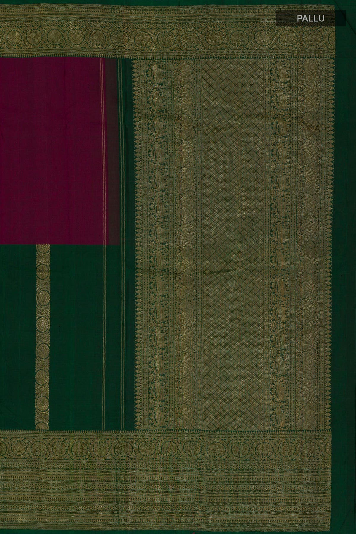 Close up image of the pallu of Pure Silk Pure Zari Multi Color Kanjivaram Saree with Half And Half on the body and Zari Border. 