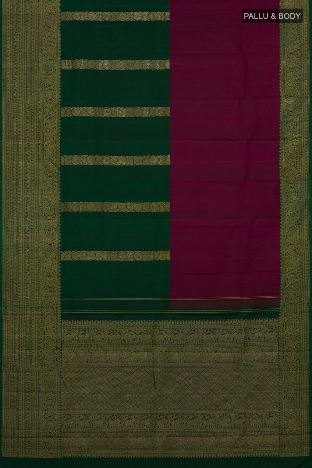Flat view of Pure Silk Pure Zari Multi Color Kanjivaram Saree with Half And Half on the body and Zari Border. 