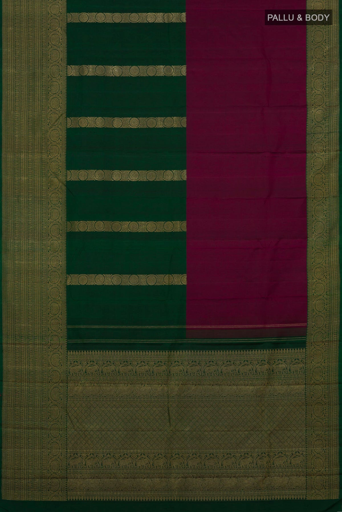 Flat view of Pure Silk Pure Zari Multi Color Kanjivaram Saree with Half And Half on the body and Zari Border. 