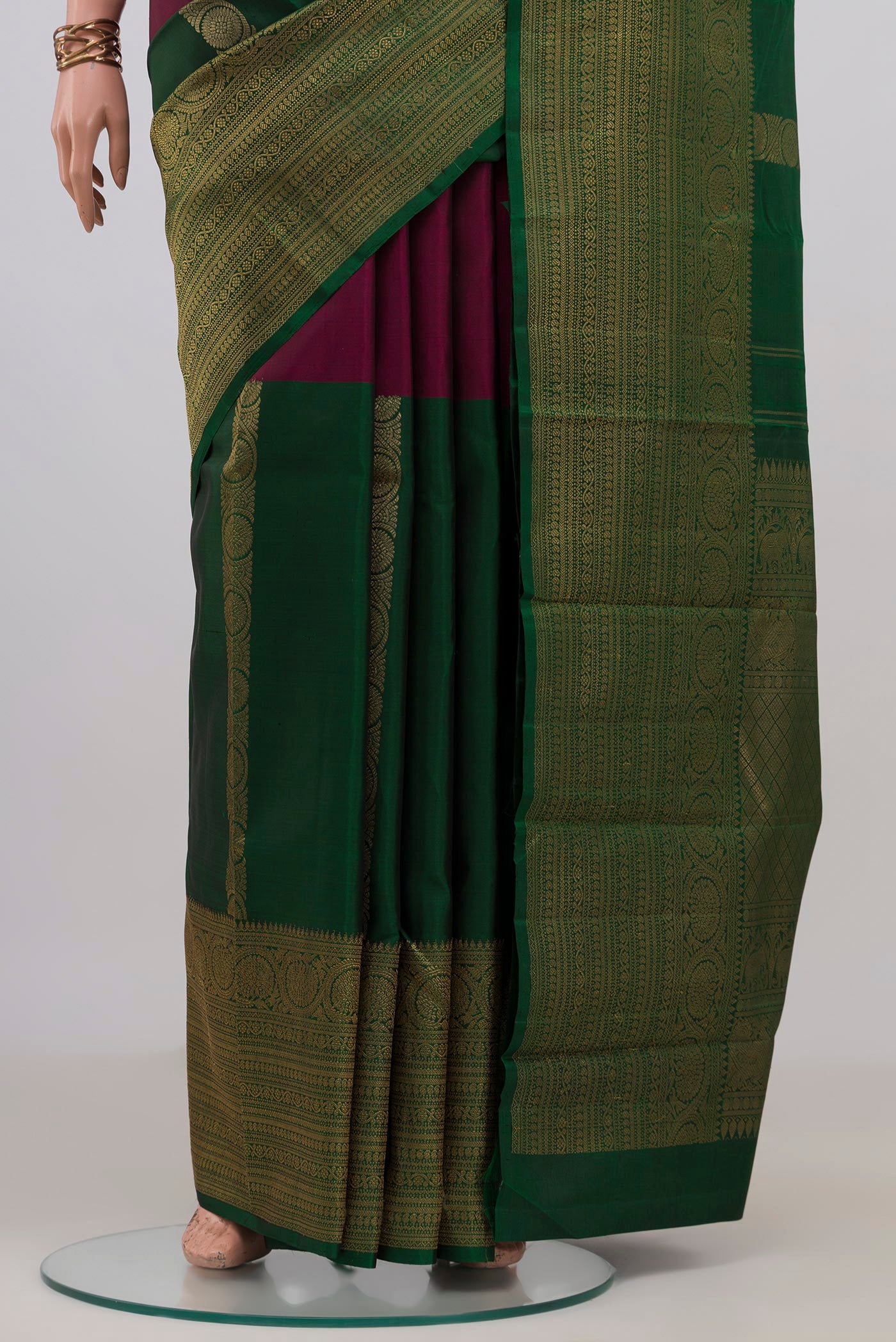 Pleats and pallu of Pure Silk Pure Zari Multi Color Kanjivaram Saree with Half And Half on the body and Zari Border. 