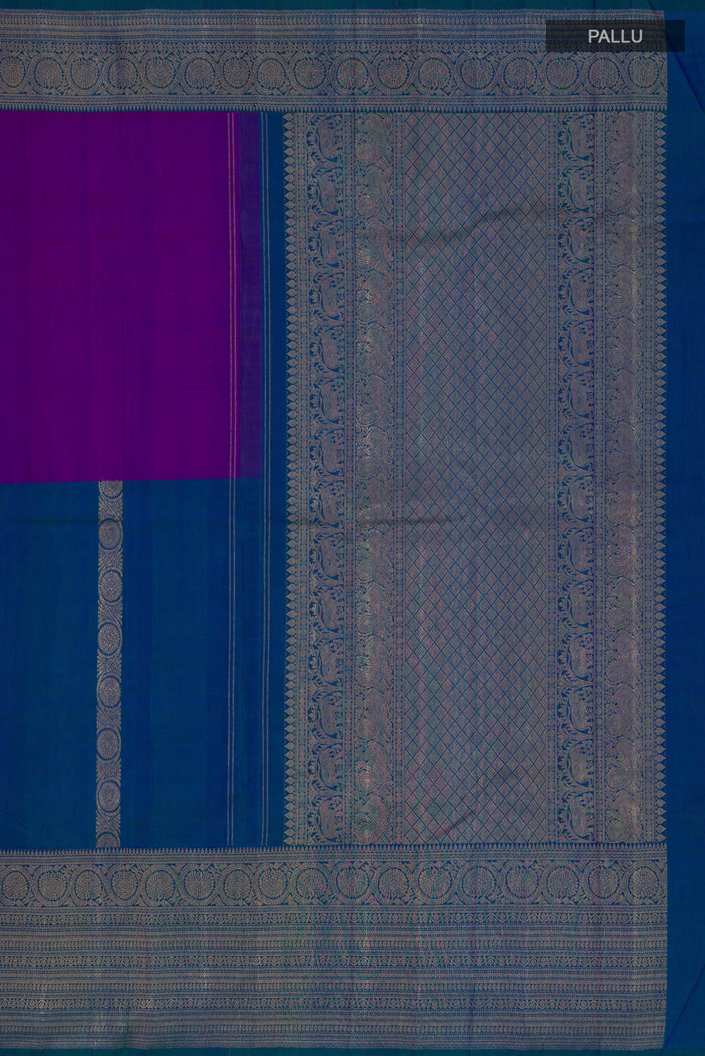 Close up image of the pallu of Pure Silk Pure Zari Multi Color Kanjivaram Saree with Half And Half on the body and Zari Border. 