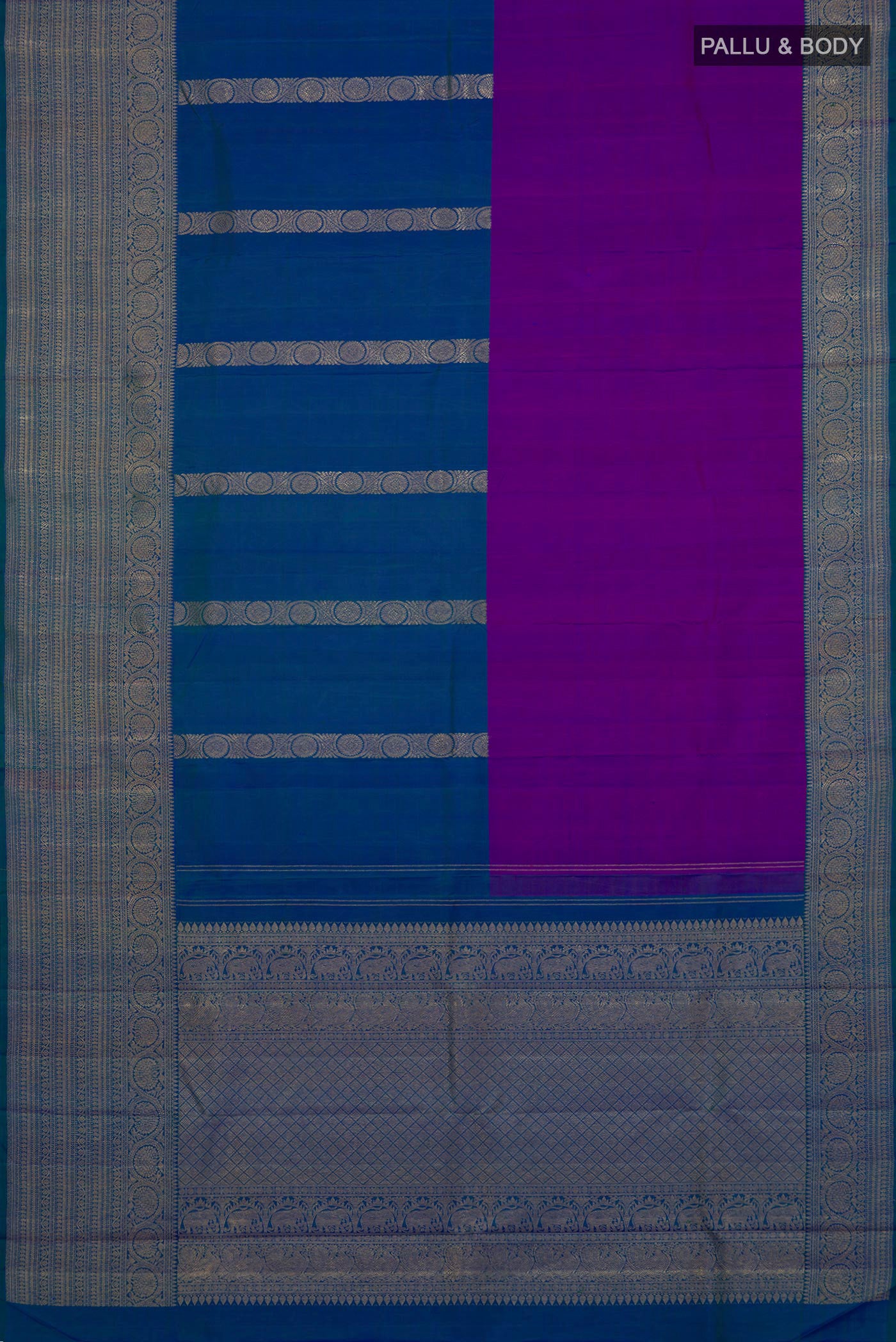 Flat view of Pure Silk Pure Zari Multi Color Kanjivaram Saree with Half And Half on the body and Zari Border. 