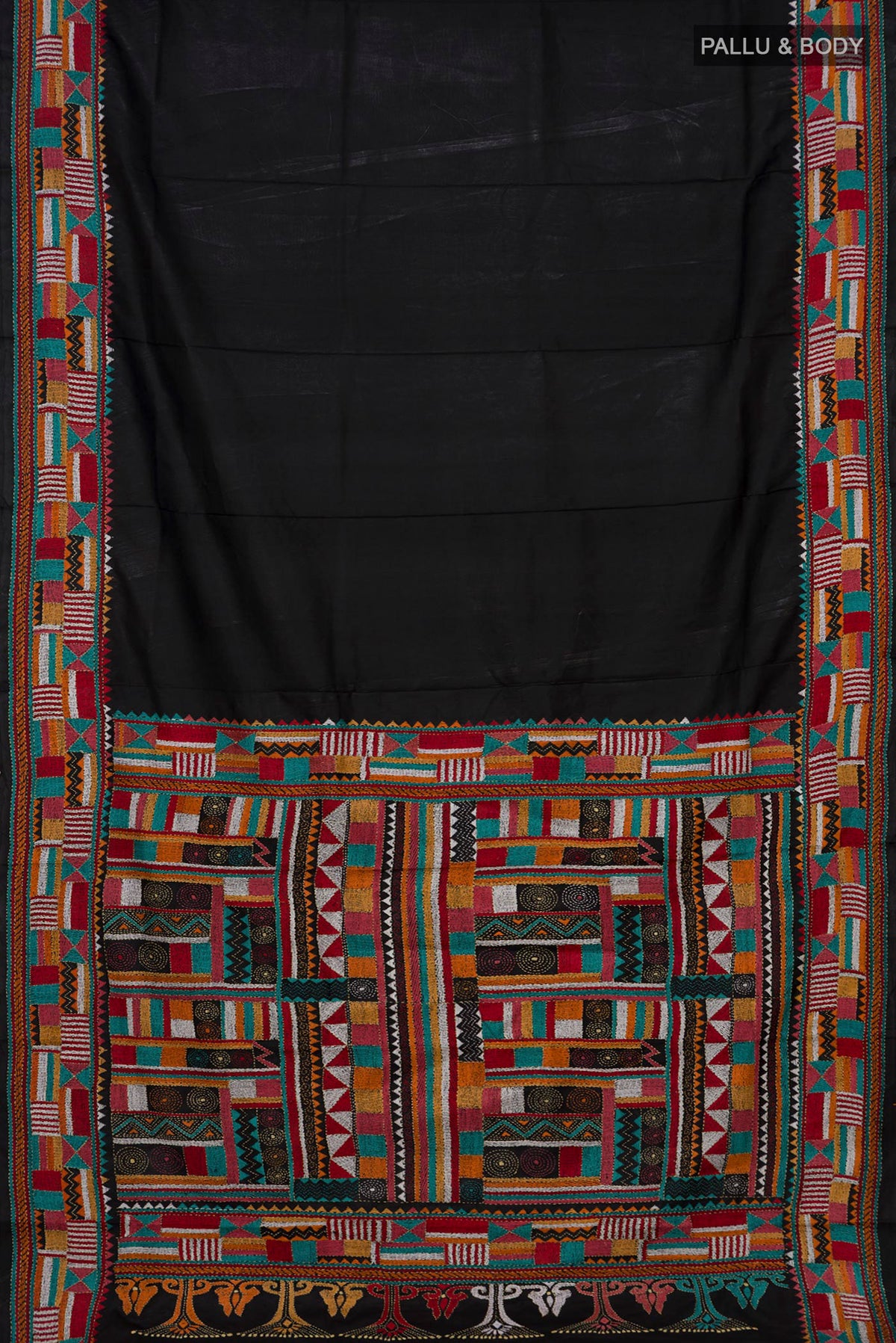 Flat view of Pure Silk Black Kantha Saree with Plain Body and Thread Border. 