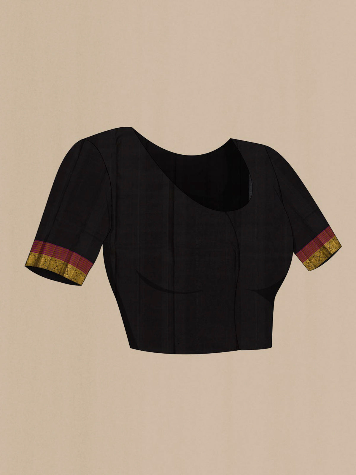 Close up image of the blouse of Pure Silk Black Kanchipuram Saree with Plain Body and Zari Border. 