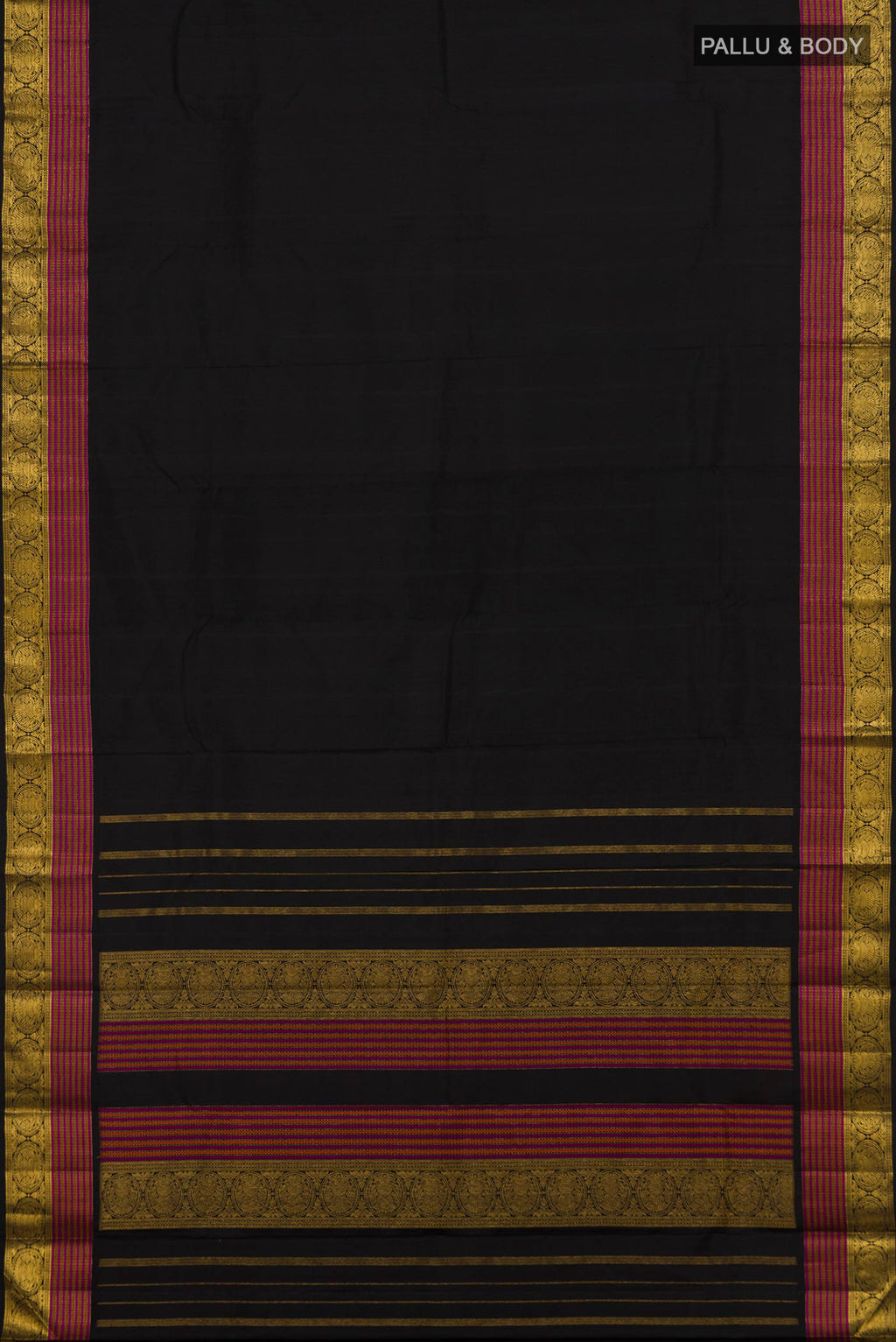 Flat view of Pure Silk Black Kanchipuram Saree with Plain Body and Zari Border. 