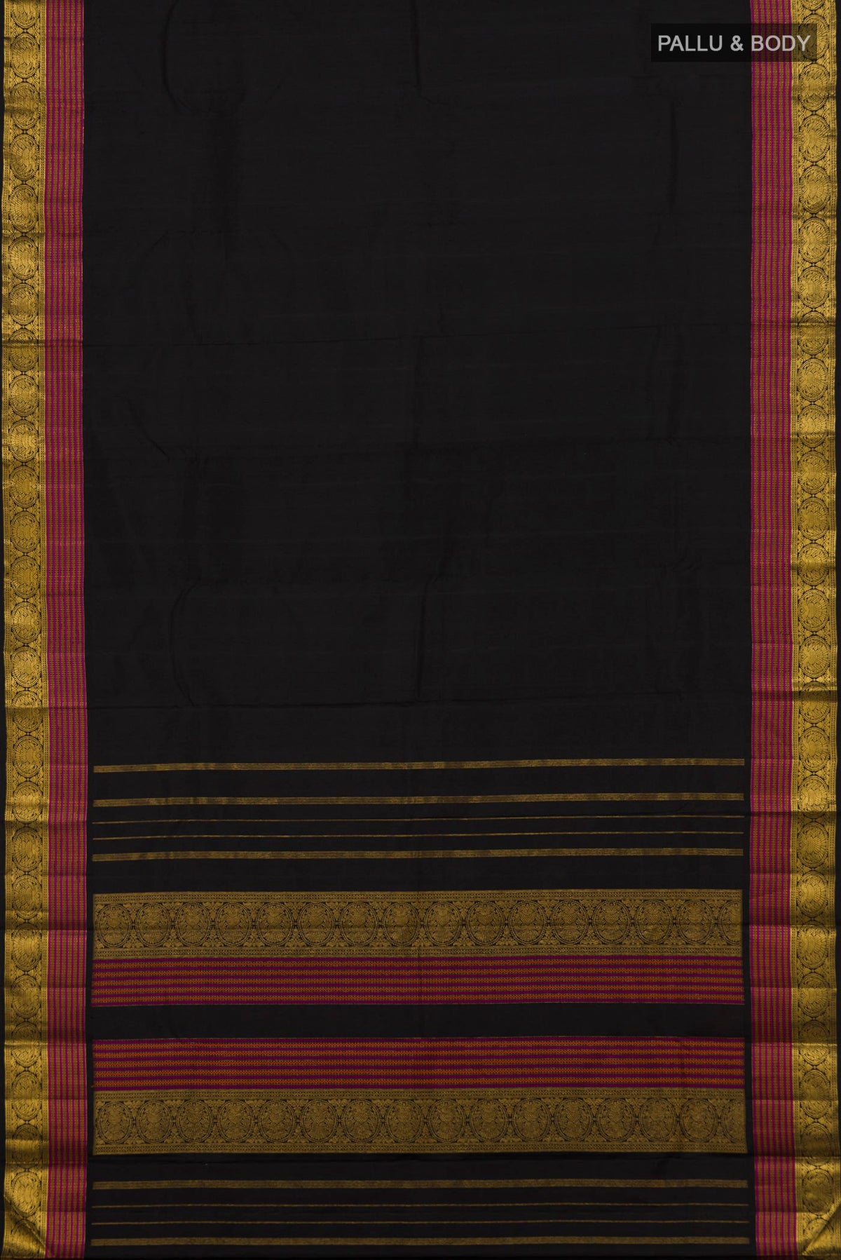 Flat view of Pure Silk Black Kanchipuram Saree with Plain Body and Zari Border. 