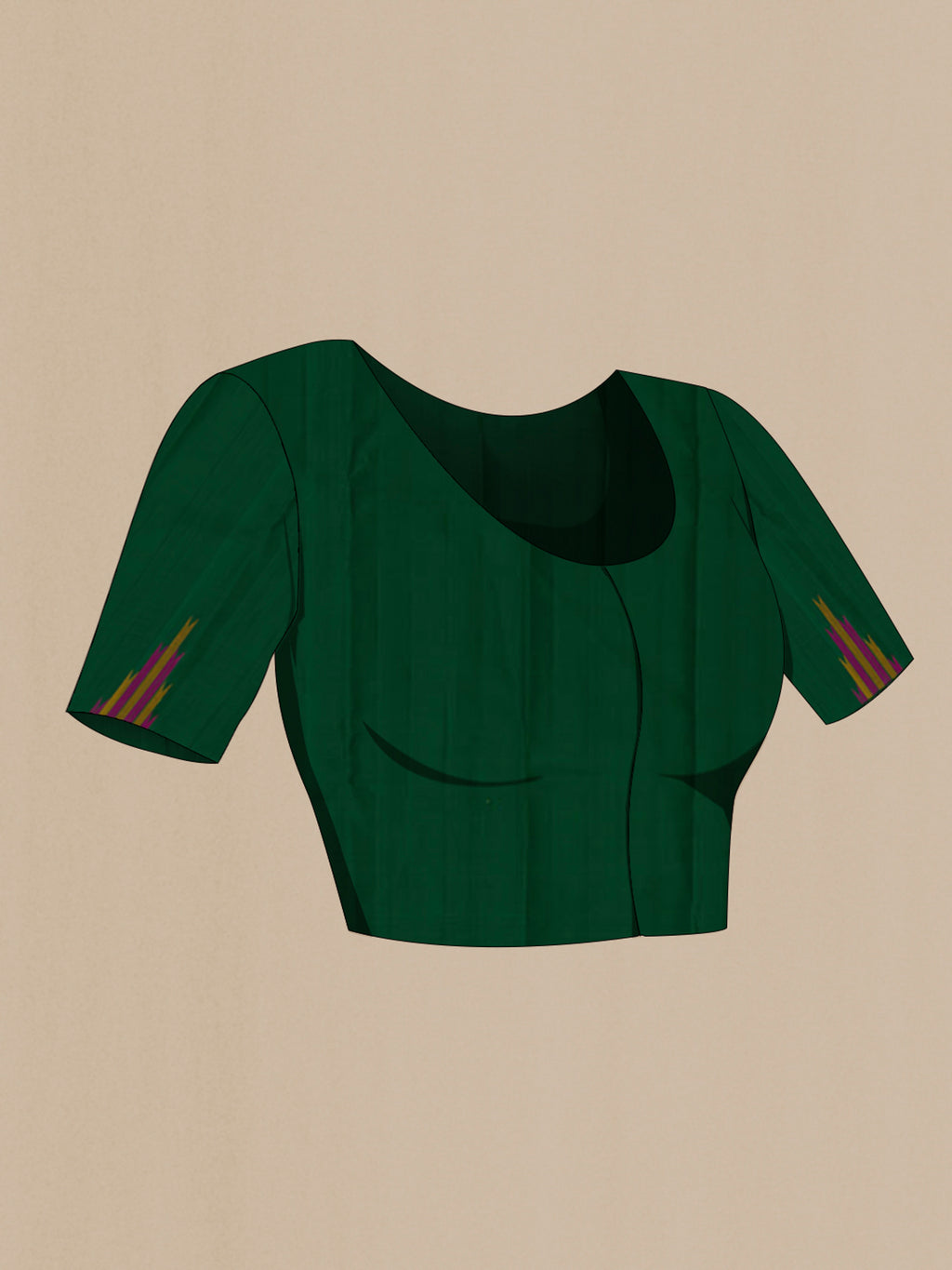 Close up image of the blouse of Pure Silk Green Kanjivaram Saree with Plain Body and Temple Border. 