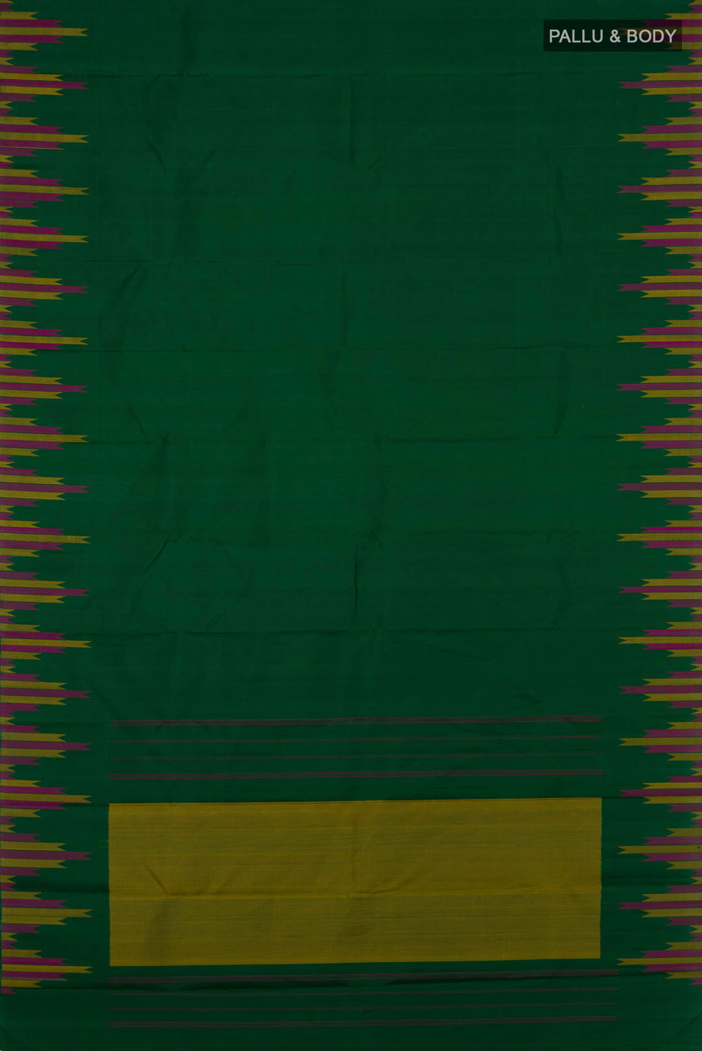 Flat view of Pure Silk Green Kanjivaram Saree with Plain Body and Temple Border. 
